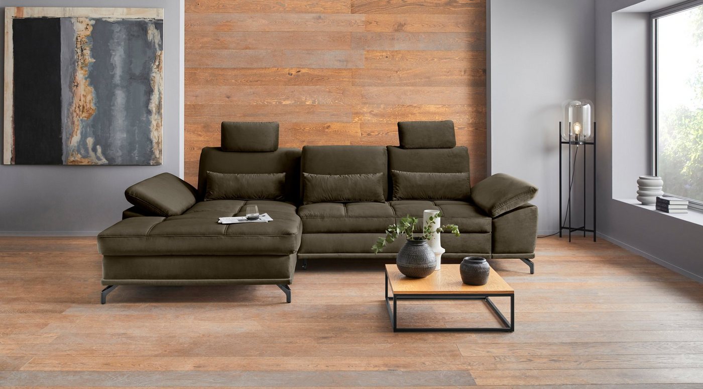 Places of Style Ecksofa »Costello«, incl. Sitztiefenverstellung und Armlehnfunktion, Federkern, wahlweise mit Bettfunktion und Bettkasten, incl. 3 Nierenkissen-HomeTrends