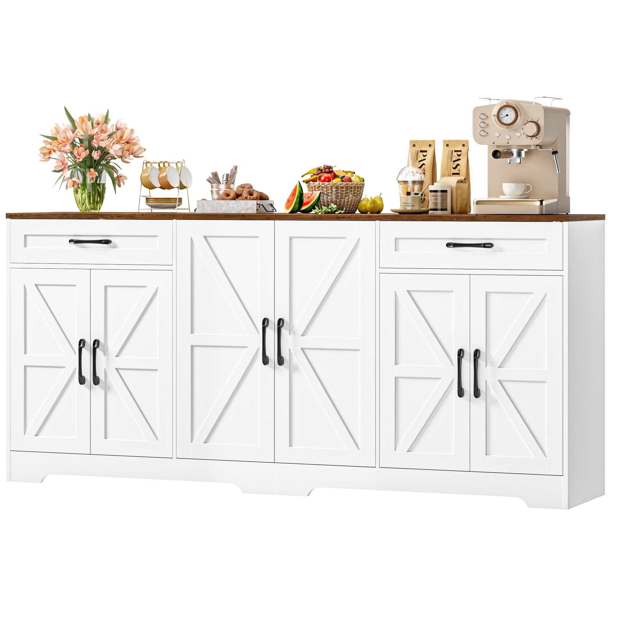 HOMECHO Sideboard, 180 cm breit Küchenschrank mit Arbeitsplatte, 6 Türen und 2 Schubladen