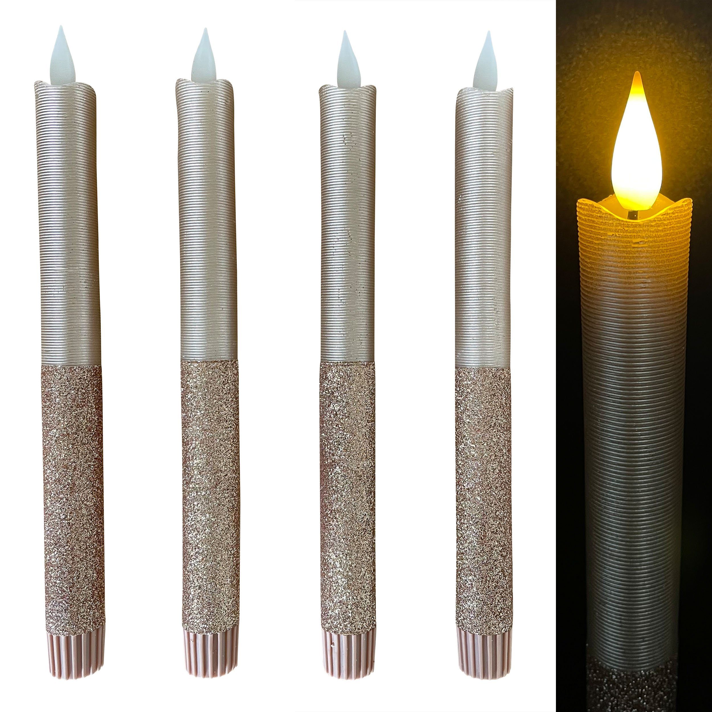 Online-Fuchs LED-Kerze als 4er Set LED STABKERZEN aus Echtwachs mit  6-Stunden-Timer, 873, (Farben wählbar (Rosé und Champagner), Höhe: 24,5 cm,  Silikonverschluss 2,1 cm Durchmesser), zweigeteilte Optik, mit Rillen und  Glitzer