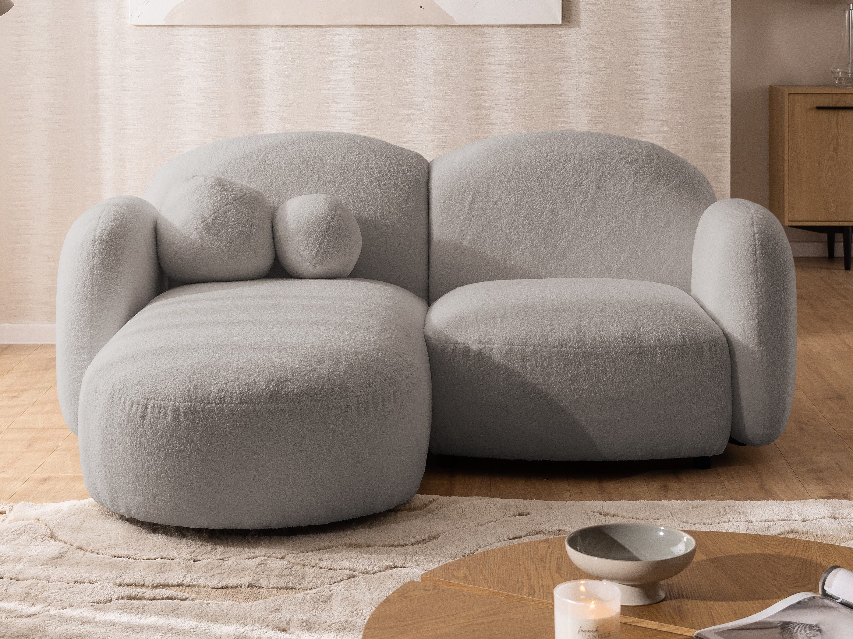 S-Style Möbel Ecksofa Nuvola aus Bouclé-Stoff mit abgerundetem Design und hohem Sitzkomfort, mit Wellenfederung