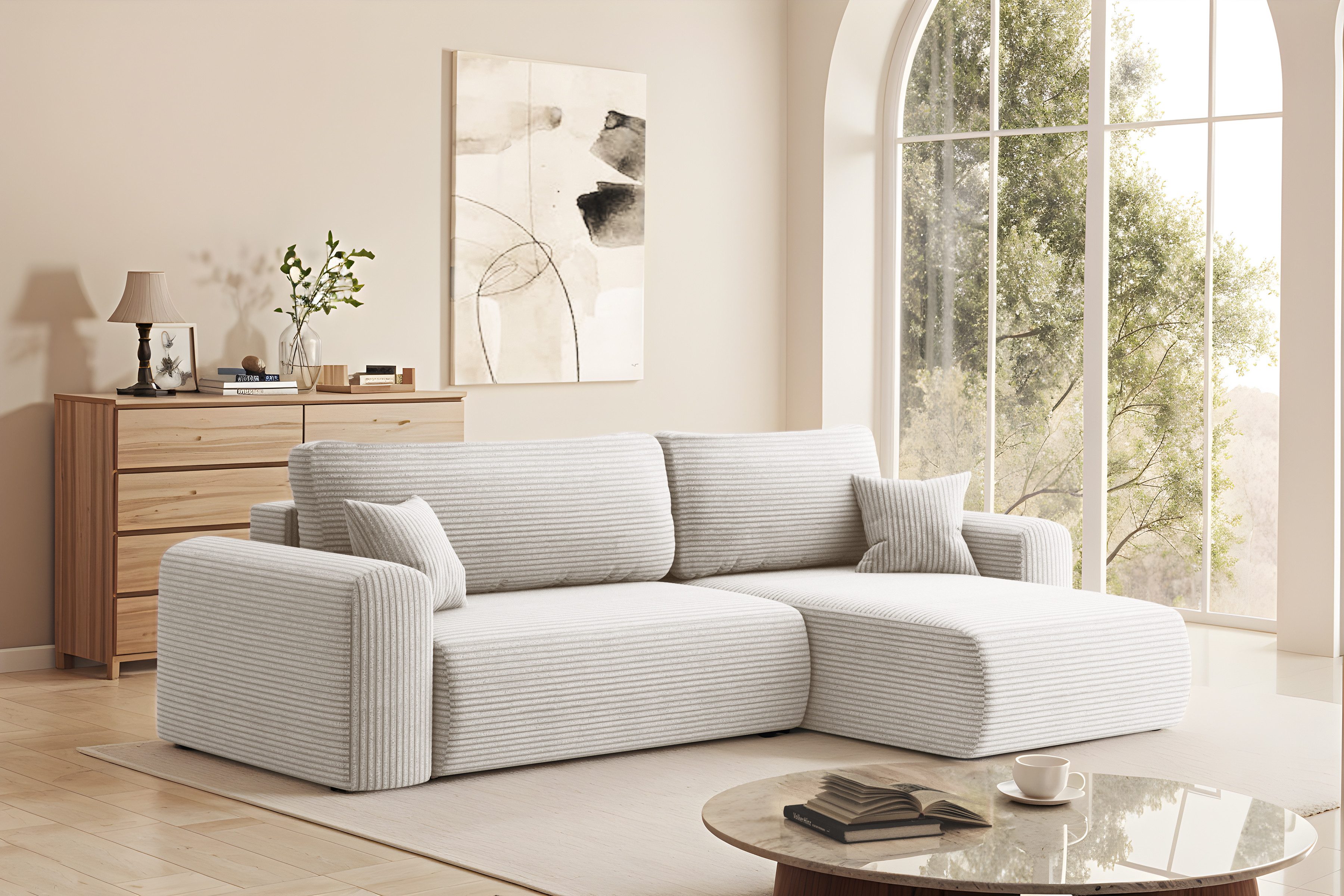 yourhouse24 Ecksofa CAPRO L-Form Couch, Cord/Geflecht-Stoff, mit Bettfunktion und Bettkasten, Seite universal