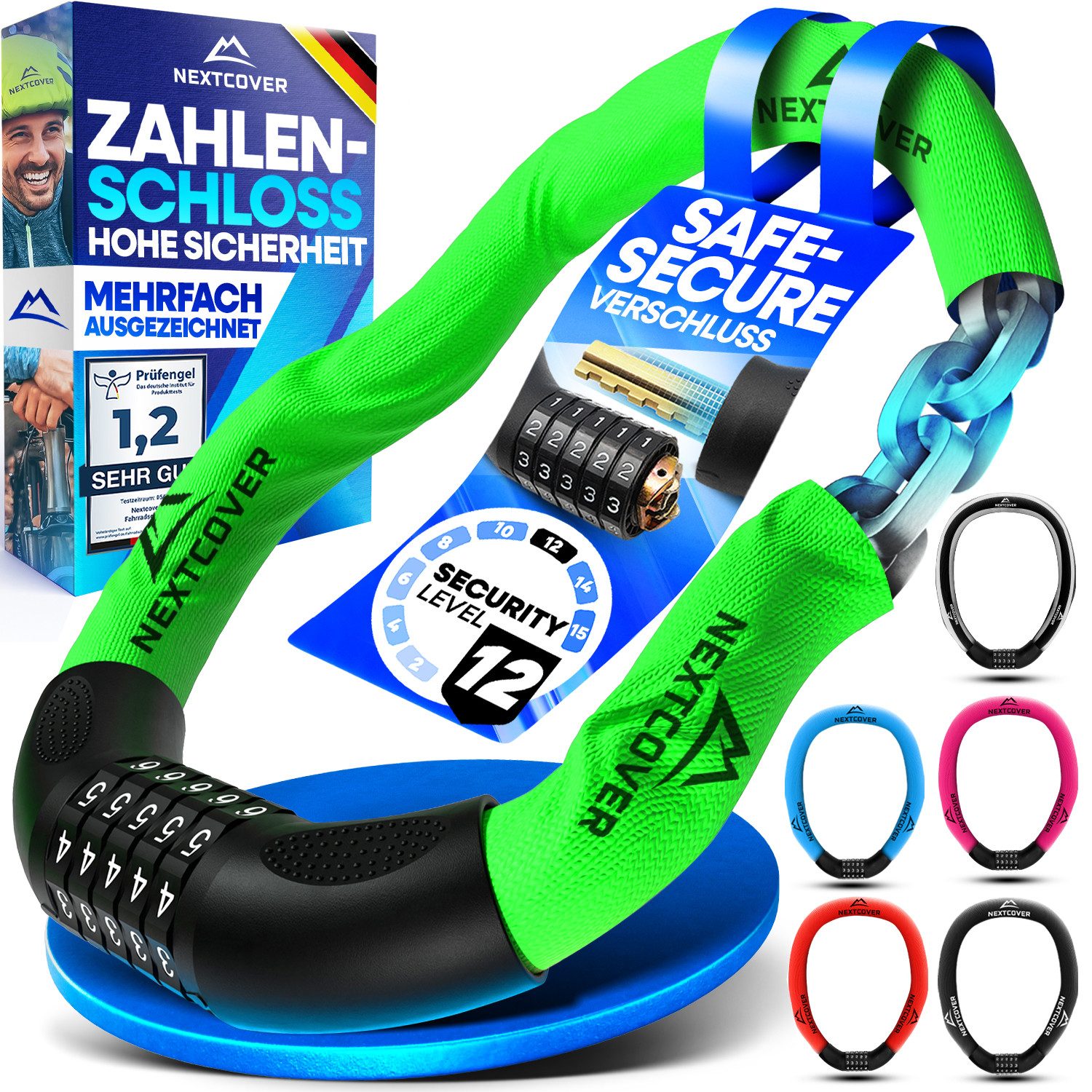 Nextcover Kettenschloss Fahrradschloss mit Zahlencode - Sicherheitsverschluss