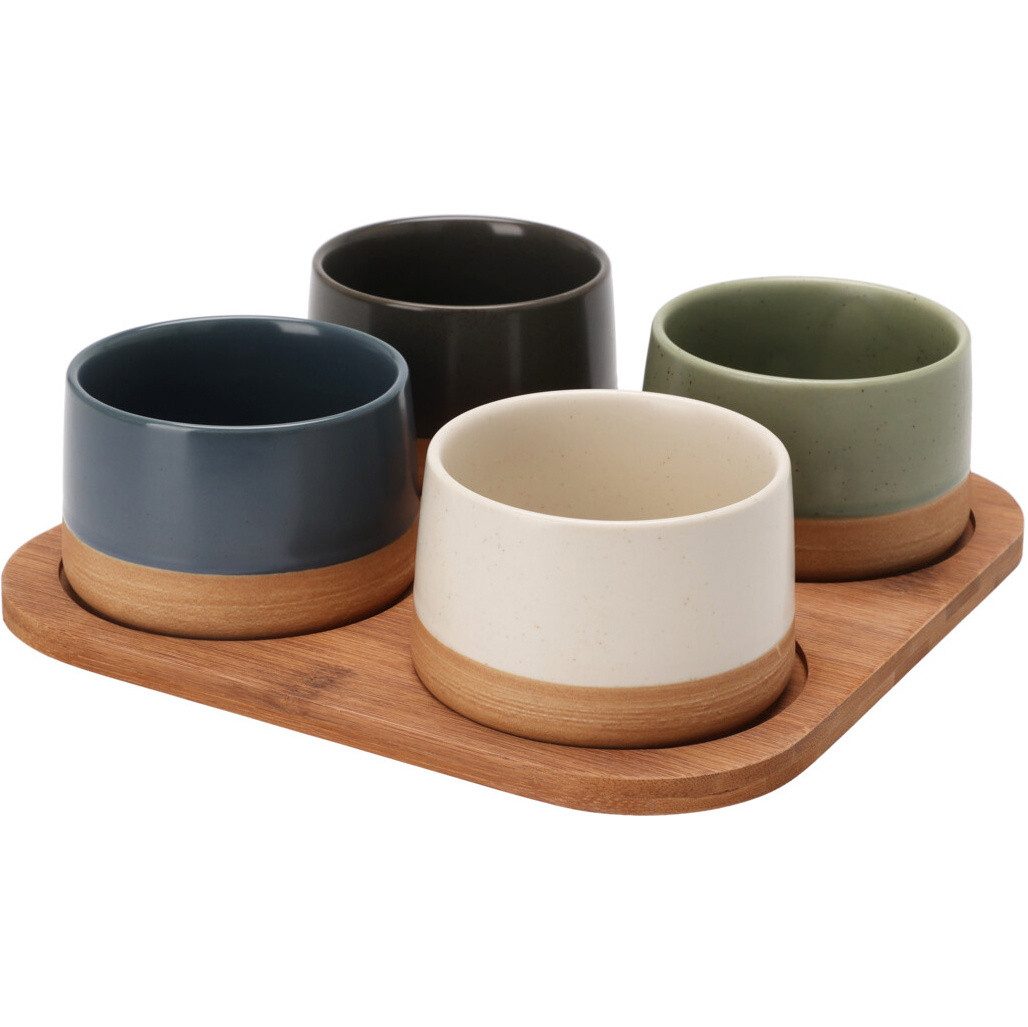 Excellent Houseware Snackschale Snackschalen VOYO, 4 Stück auf Bambustablett, Keramik
