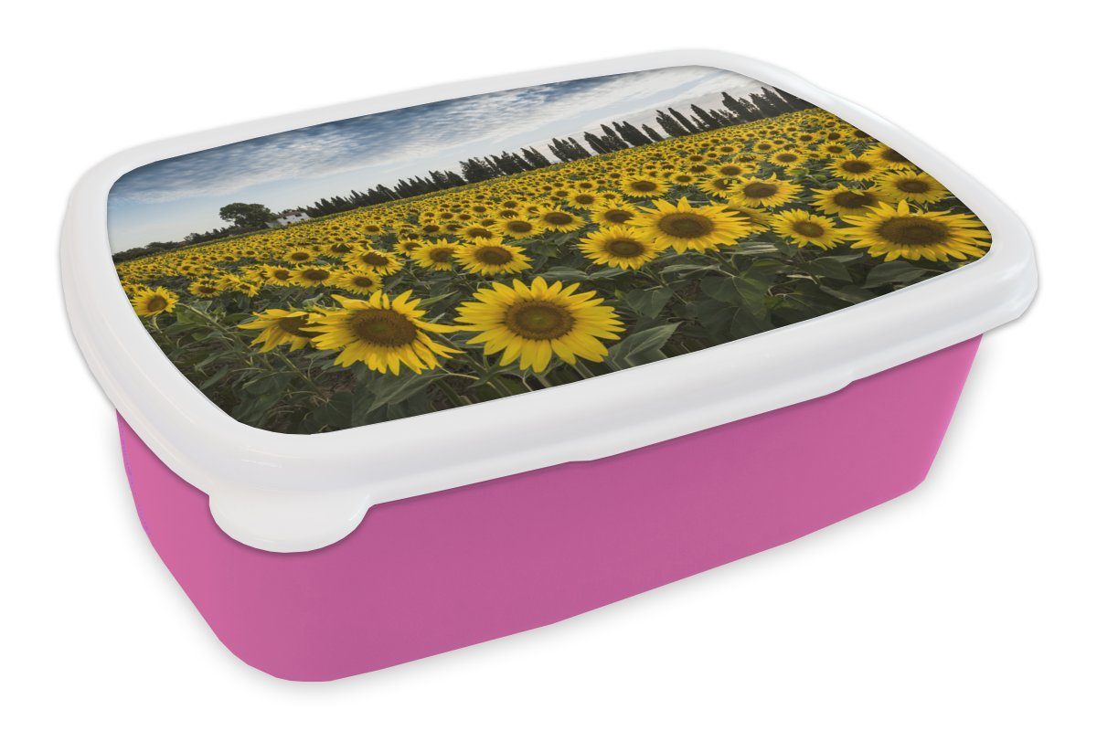 MuchoWow Lunchbox Sonnenblume - Italien - Bäume, Kunststoff, (2-tlg), Brotbox für Erwachsene, Brotdose Kinder, Snackbox, Mädchen, Kunststoff rosa