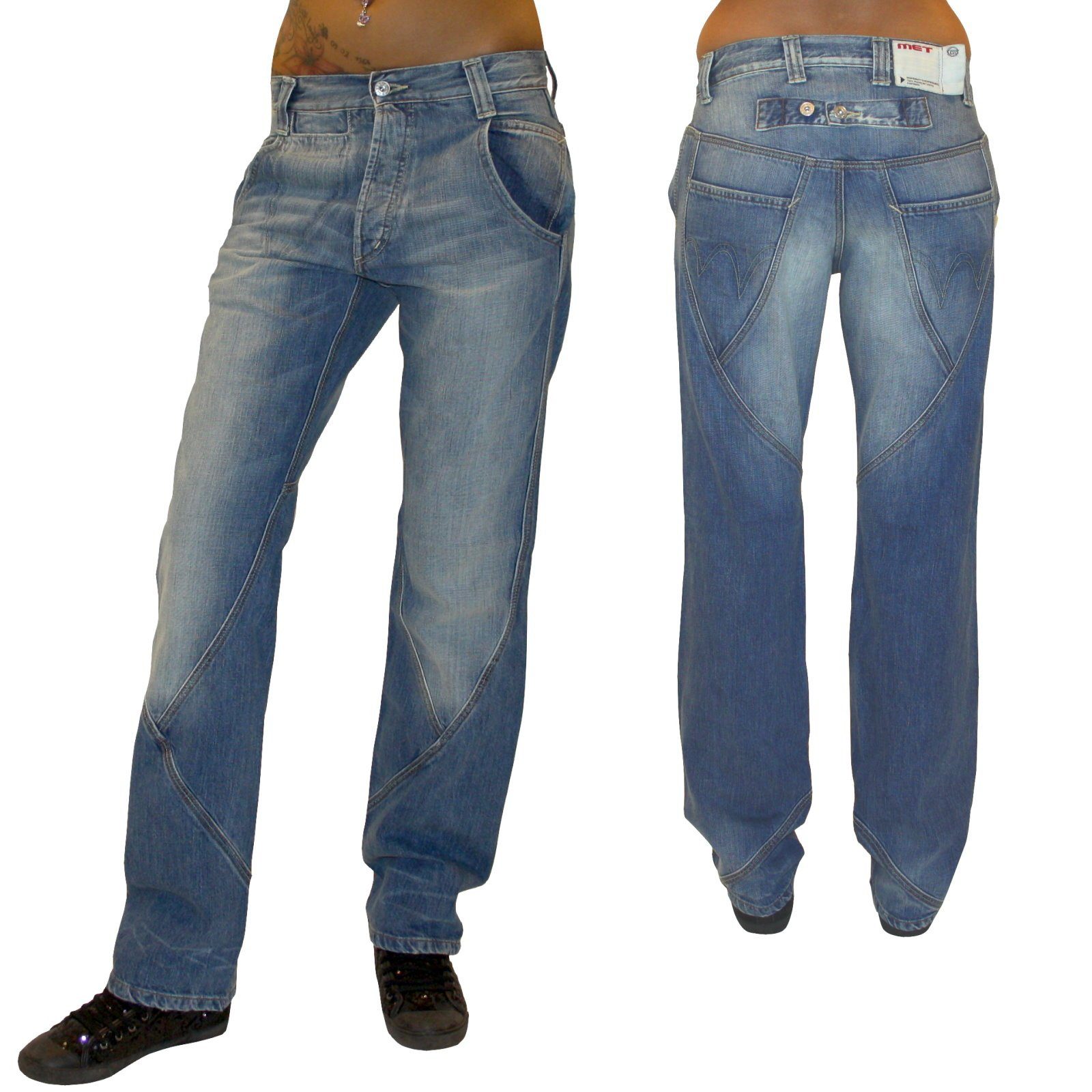 MET Jeans Boyfriend-Jeans Pantaloni Damen Jeans Pantaloni Jeanshose Baggy  Hip Hop Hose blau used mit Destroydeffekte