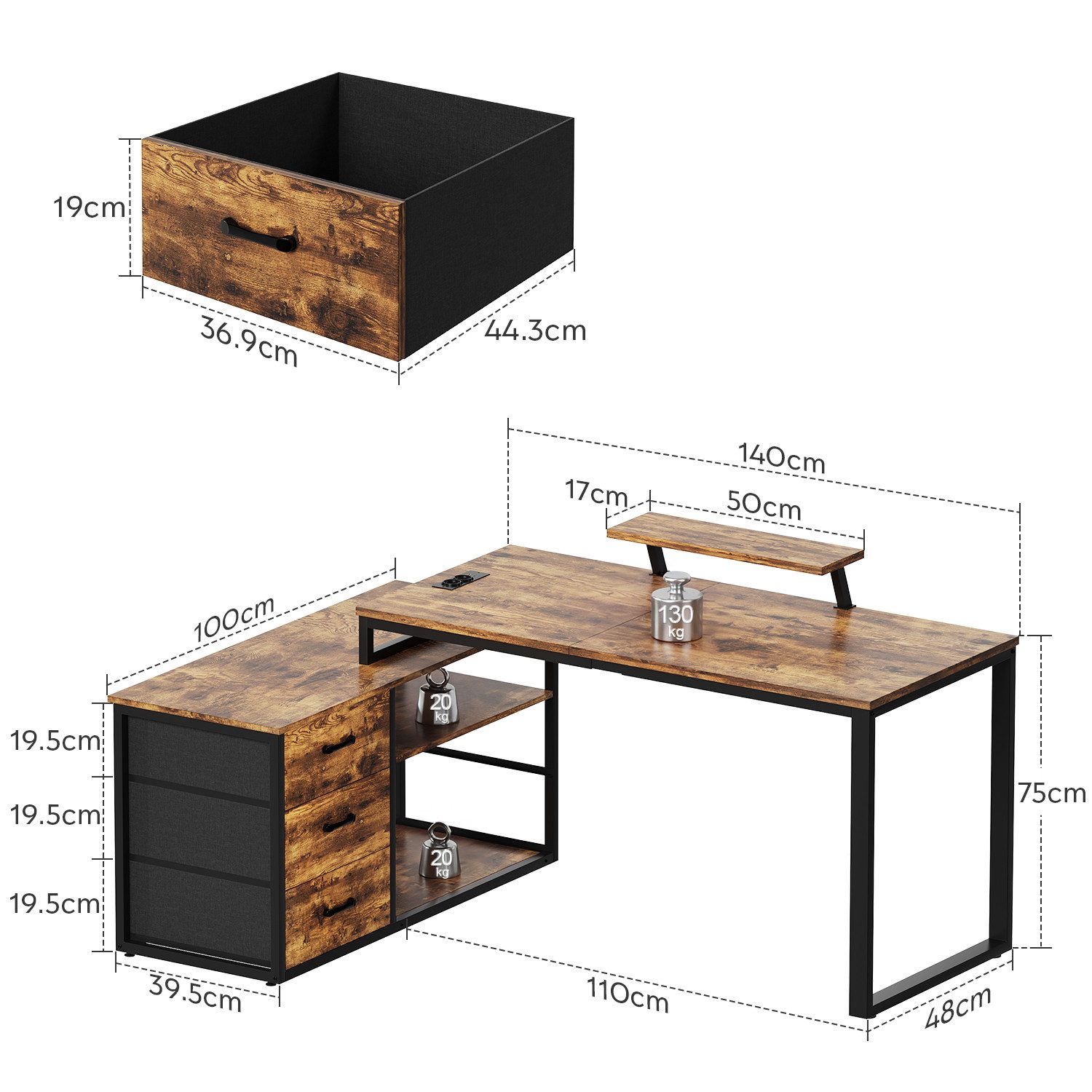 Furnicopia Eckschreibtisch 140cm mit Monitorarm, Computertisch mit drehbarer Tischplatte (Flexibel und schwenkbar, mit Steckdosen (2 Steckdosen + 2 USB-Anschlüsse), 3 großen Schubladen, 2 Ablageflächen)