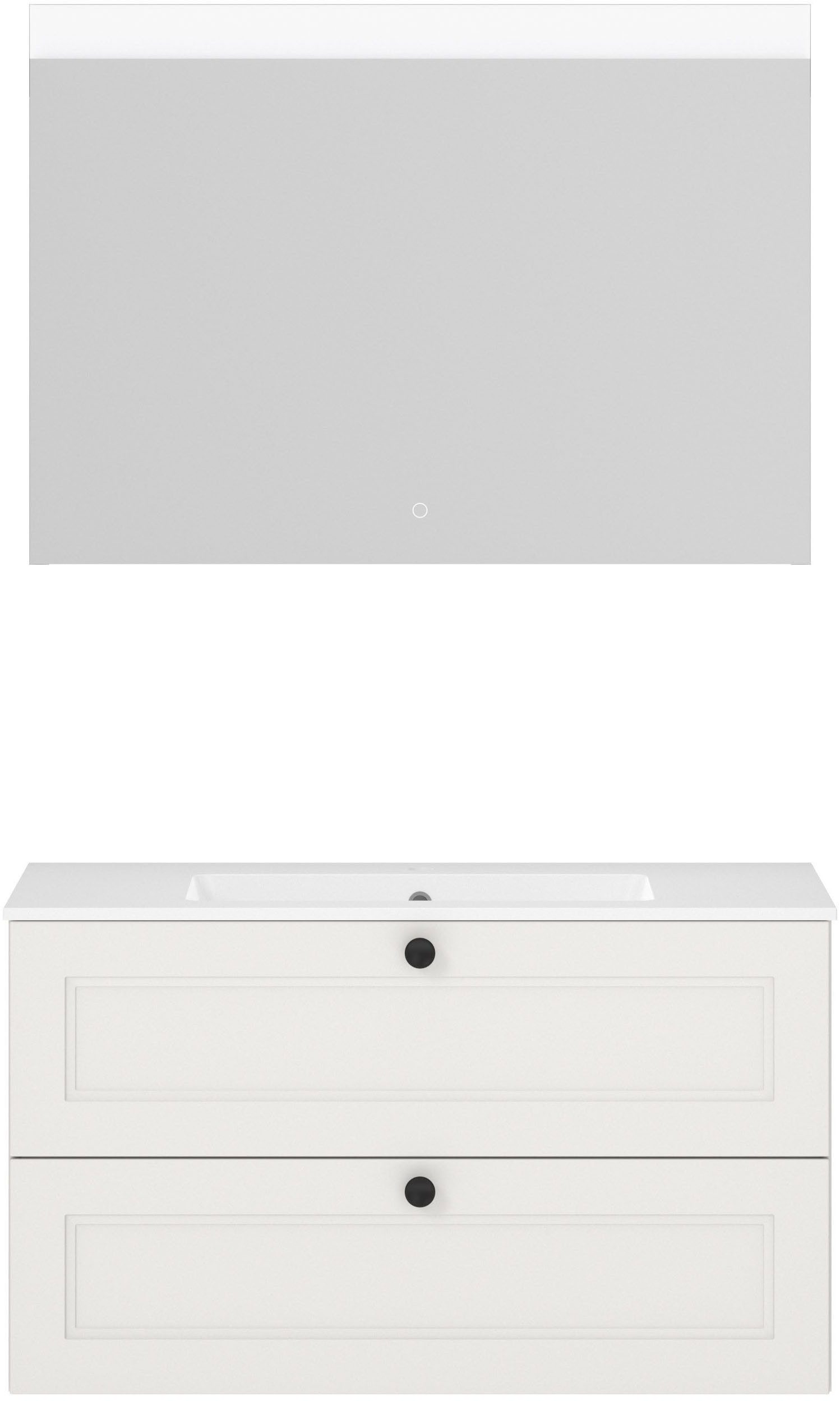 nobilia® Badmöbel-Set Cascada, (Set, 2-St., mit Waschbecken, inkl. beleuchtetem Spiegel mit Touch-Sensor), vormontiert, mit Soft-Close, in vier Breiten