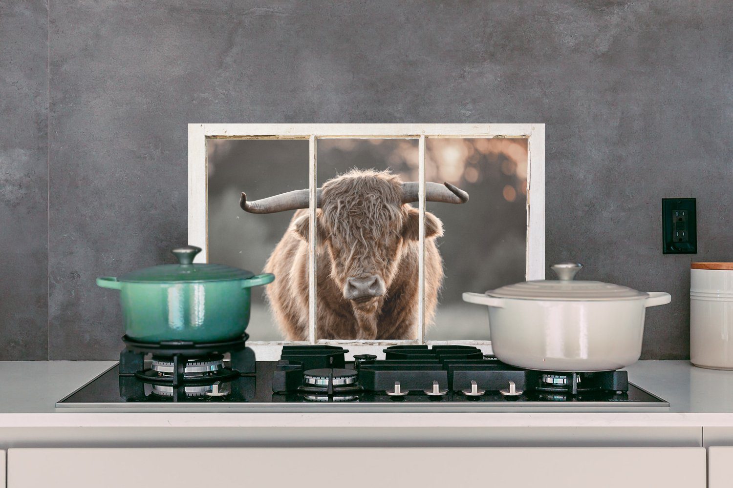 MuchoWow Küchenrückwand Scottish küchen (1-tlg), Wandschutz, Ansicht Temperaturbeständig 60x40 - - Highlander Herdblende Hörner, aus cm