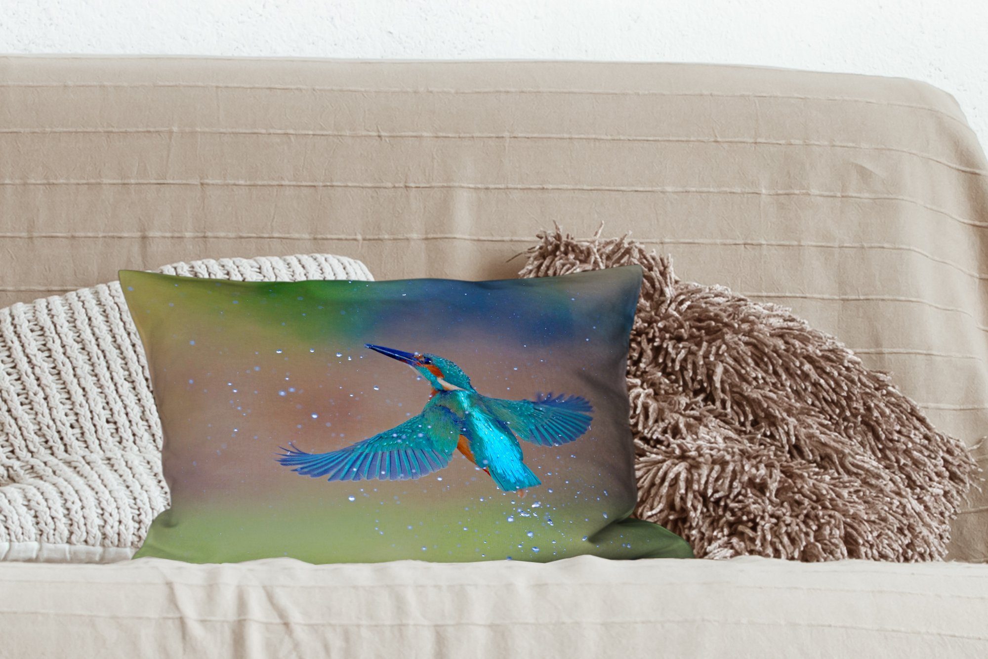 Eisvogel Füllung, MuchoWow - Fliegen Schlafzimmer Dekoration, mit Zierkissen, Wohzimmer Dekokissen Blau, - Dekokissen
