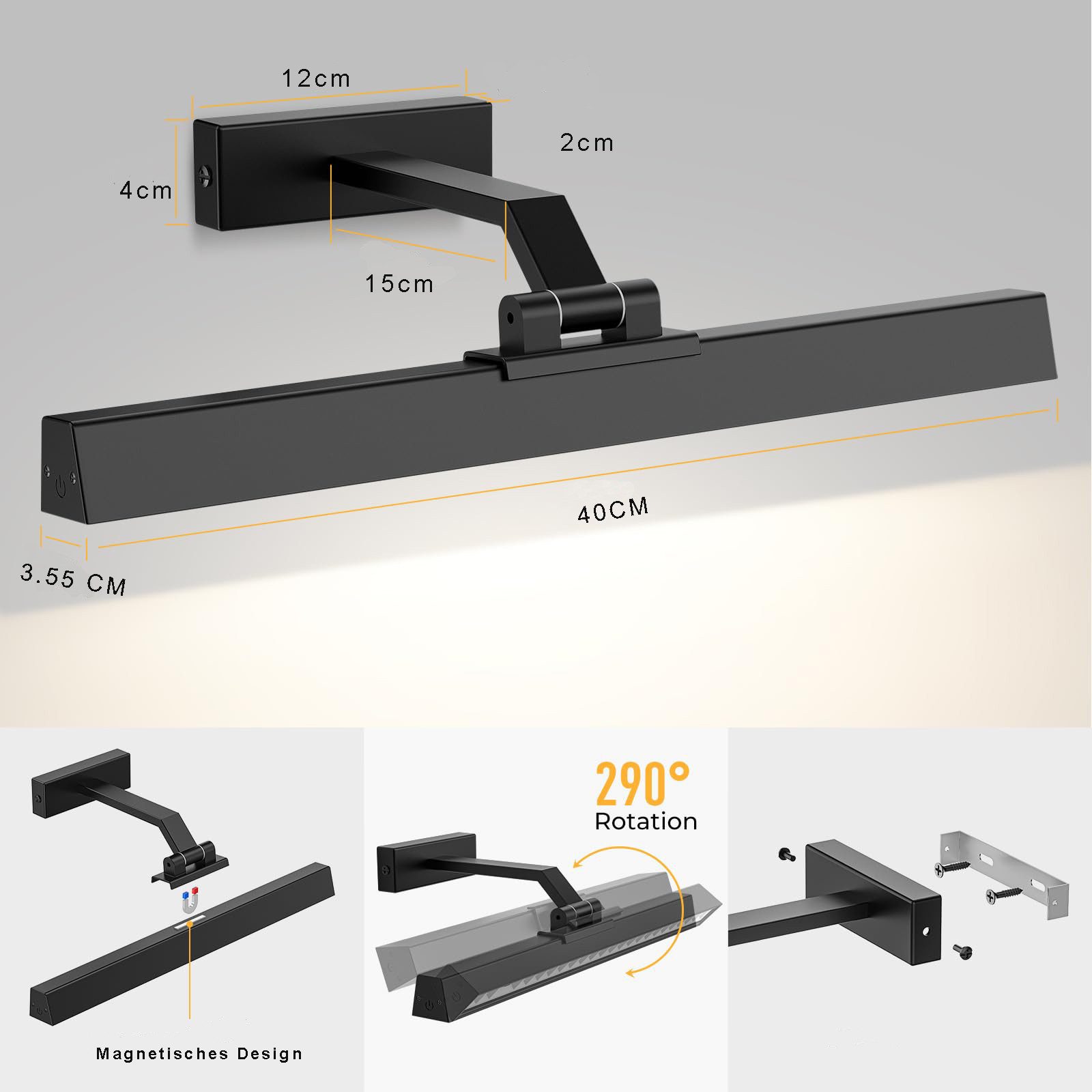 AIBOO Wandleuchte Aufladbare LED Wandleuchte mit Fernbedienung, Magnetische Montage, LED fest integriert, Warmweiß, Neutralweiß, Kaltweiß, 3 CCT Farbtemperaturen, 40cm/60cm, für Foto‑& Kunstbeleuchtung