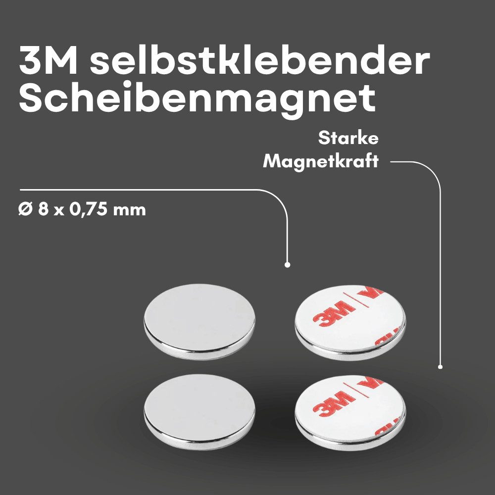 MaajeeKuto Magnet 3M Neodym Scheibenmagnet Ø8x0,75 mm selbstklebend N42 – 0,37 kg (2-St)