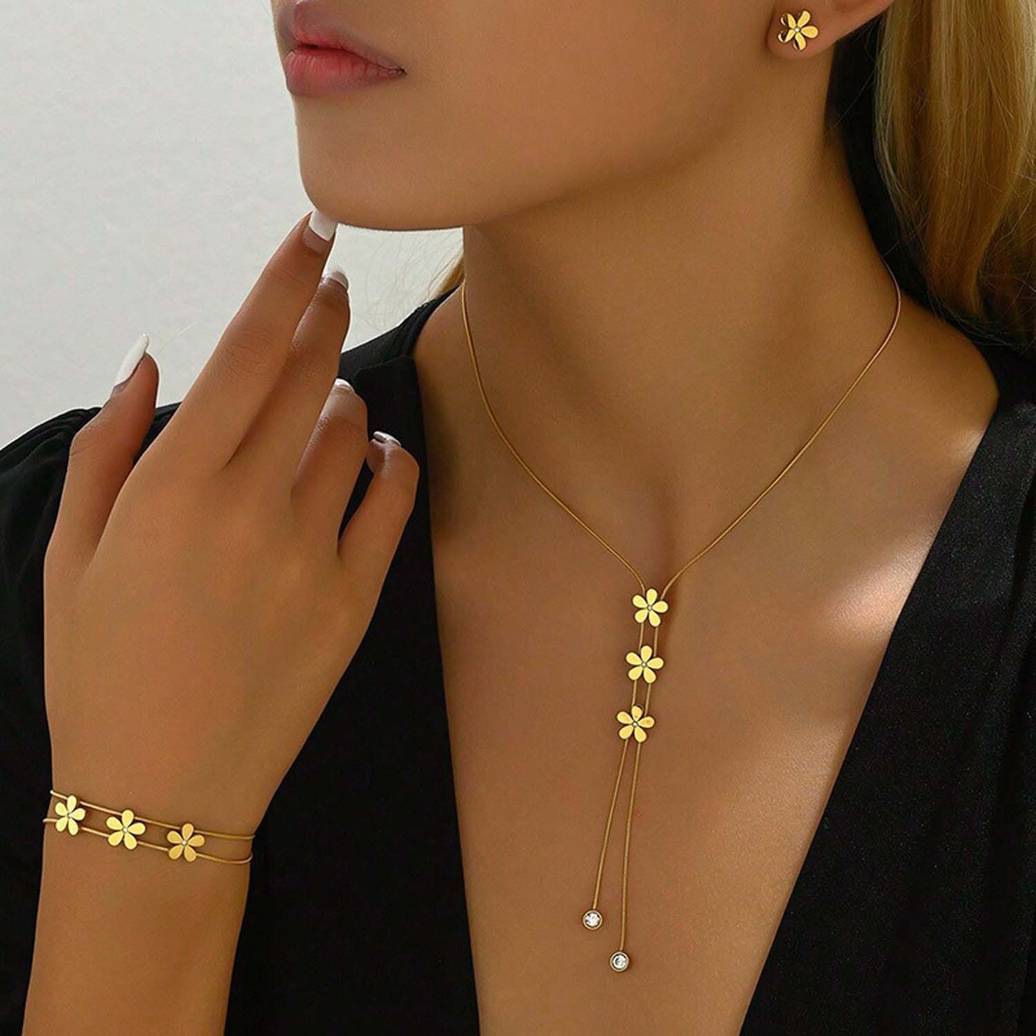 trends for living Schmuckset Armband in Blumenform, schlichte Schlüsselbeinkette und Ohrring-Set, mit Mikro-Diamanten