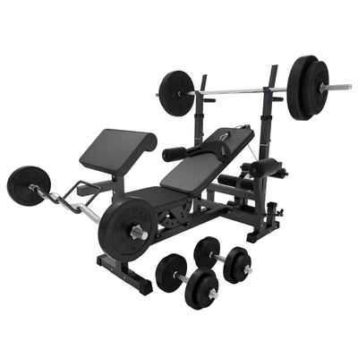 GORILLA SPORTS Kraftstation inkl. Hantelset 100kg, Latzug, Weiß/Schwarz - Multifunktion Hantelbank