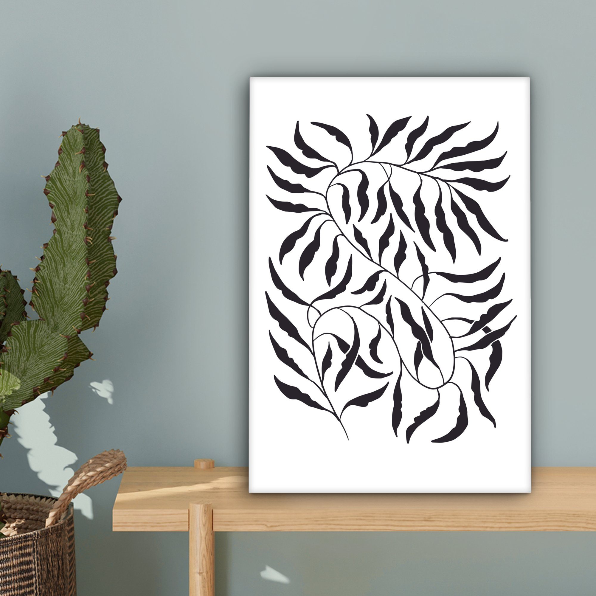 Pflanzen - OneMillionCanvasses® fertig - 20x30 St), Leinwandbild Leinwandbild Zackenaufhänger, abstrakt, inkl. cm weiß - - (1 Gemälde, Blätter böhmisch bespannt