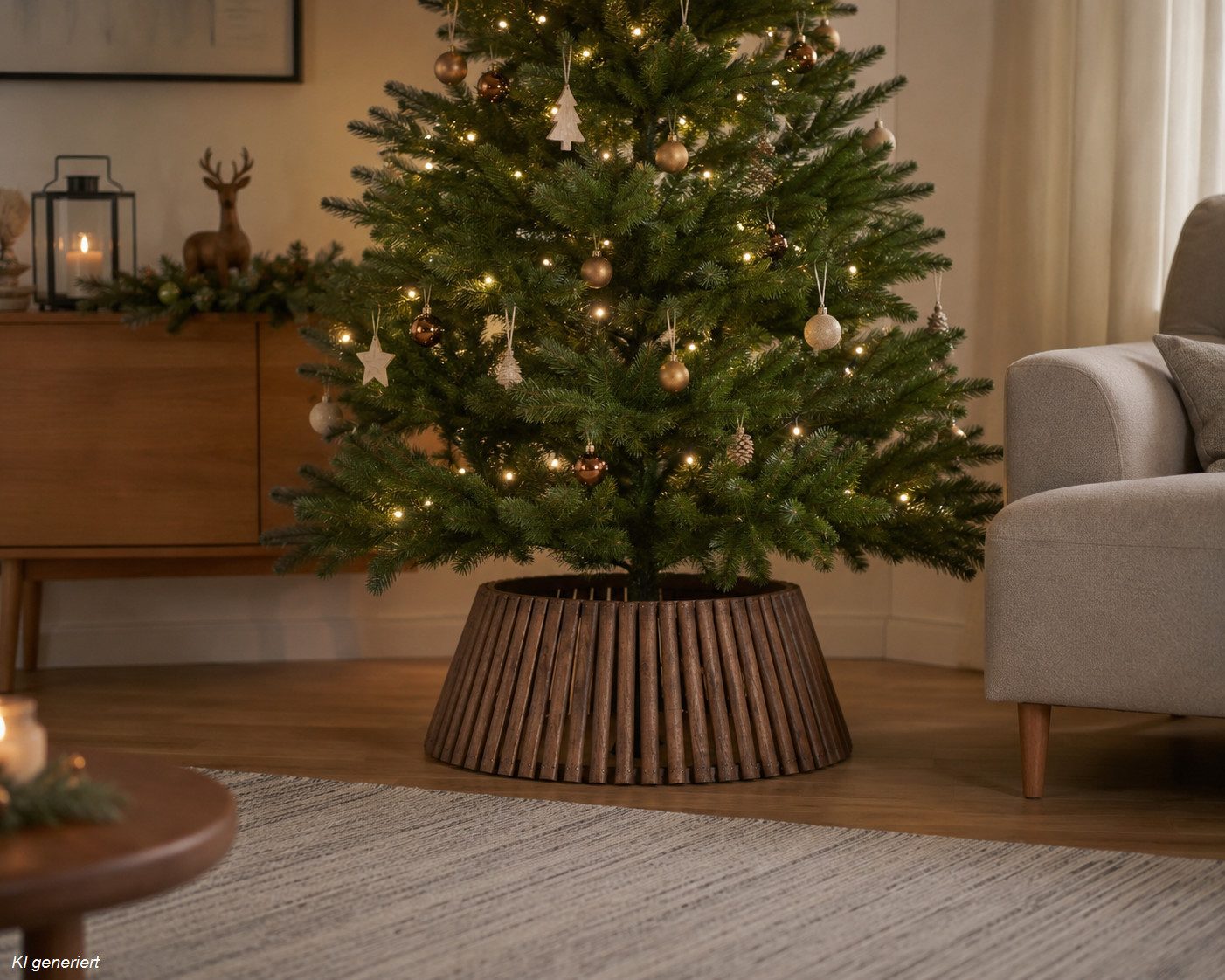 Kaemingk Künstlicher Weihnachtsbaum Everlands, Baumring Braun Holz H: 25 cm, Ø: 57 cm, für Bäume bis 1,8 m, Holzring, Baumrock, Abdeckung, Baumkragen