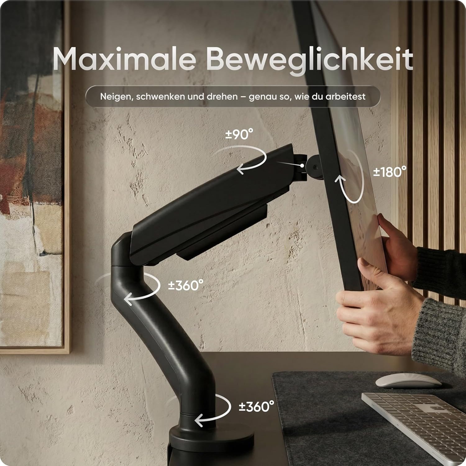DESKSPACE Monitor-Halterung Monitor Arm für 1 Monitor - Flach- & Curved - Gasfeder bis 9 kg, (bis 23 Zoll, 360° Schwenk-, 90° neig- und 180° drehbar, VESA 75/100 mm)