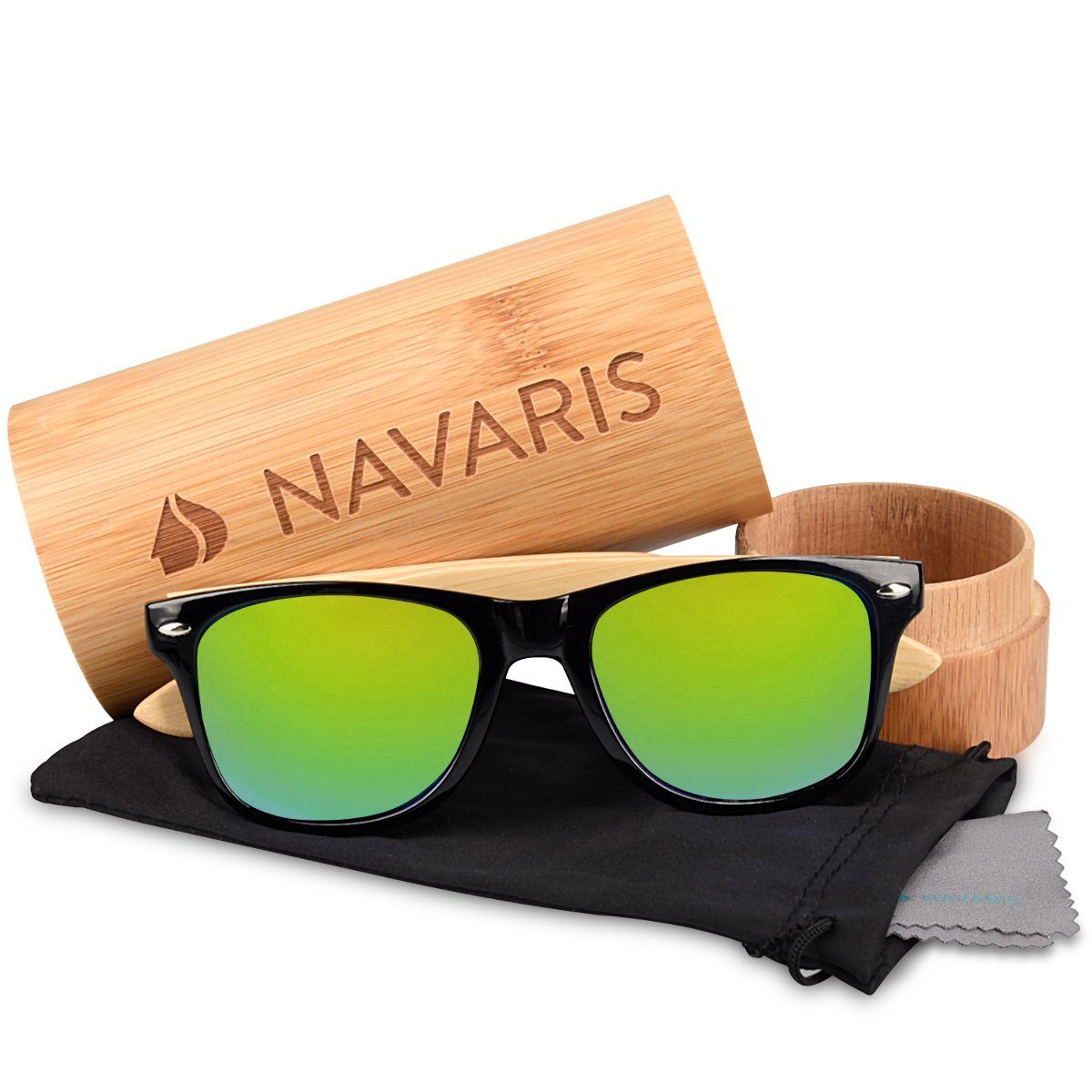 Schwarz Sonnenbrille mit Unisex Bambus UV400 Brille Etui Navaris - Bügeln Holzbrille mit