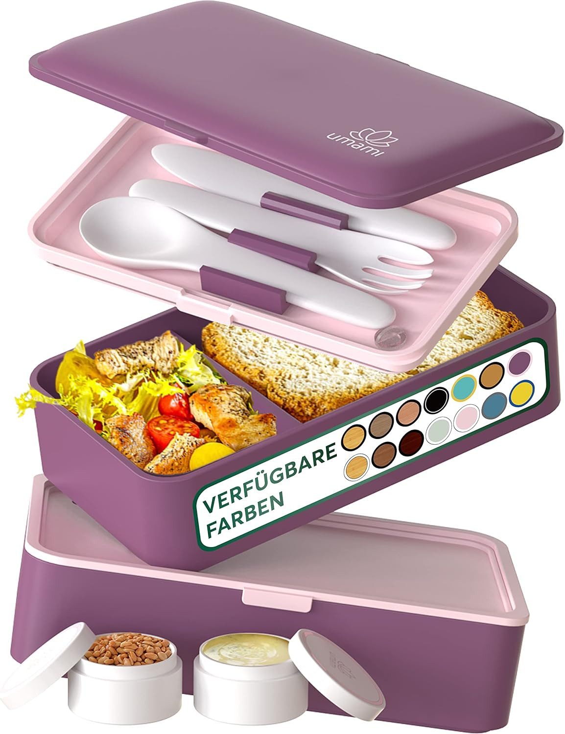 UMAMI Lunchbox All-in-1 1,2L Brotdose - mit Besteck und 2 Saucenbehältern, (für Erwachsene mit Zubehör), Auslaufsichere Brotbox mit Fächern für Meal Prep