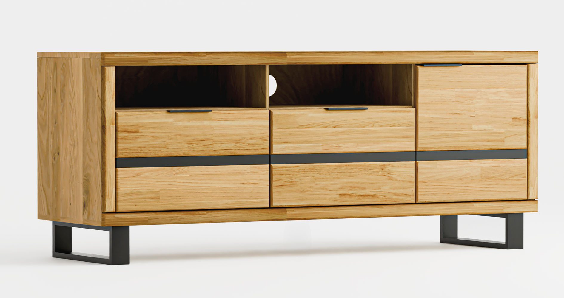 Feldmann-Wohnen Lowboard Mono (Massivholz, mit Klappen, mit Tür, mit Fächer, 1 St., moderne Optik, Massivholz, mit Klappen, mit Tür, mit Fächer), 159x42x64,5cm 3-türig Eiche geölt Massivholz
