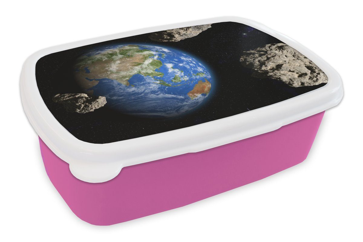 MuchoWow Lunchbox Die Erde ist von Meteoriten umgeben, Kunststoff, (2-tlg), Brotbox für Erwachsene, Brotdose Kinder, Snackbox, Mädchen, Kunststoff rosa
