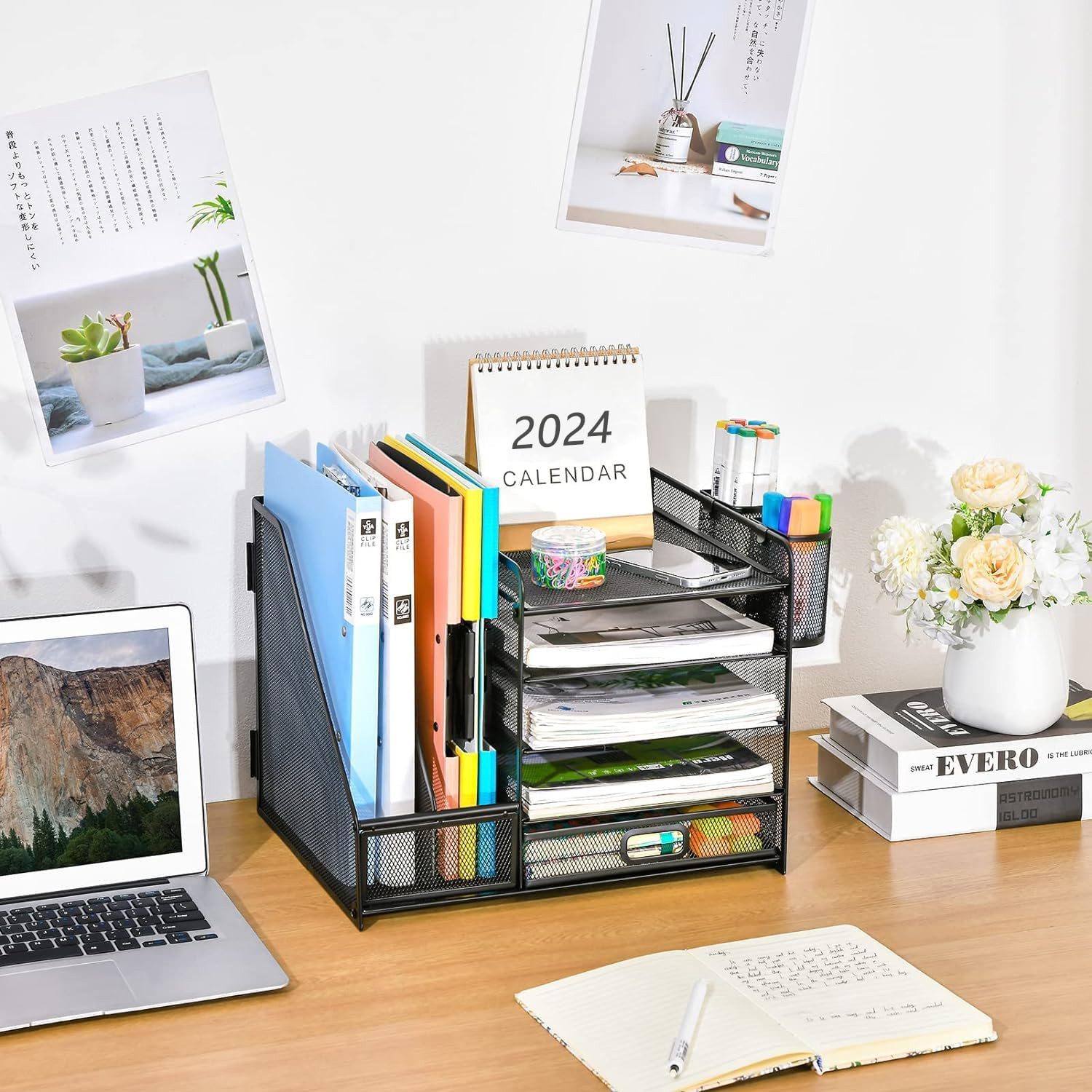 SURFOU Schreibtischaufsatz Schreibtisch Organizer mit Aktenhalter 5Tier Briefablage Ablagefächer, (mit Schublade 2 Stifthalter, Netz Schreibtisch Ablage), für Büro Bedarf Dokumentenablage