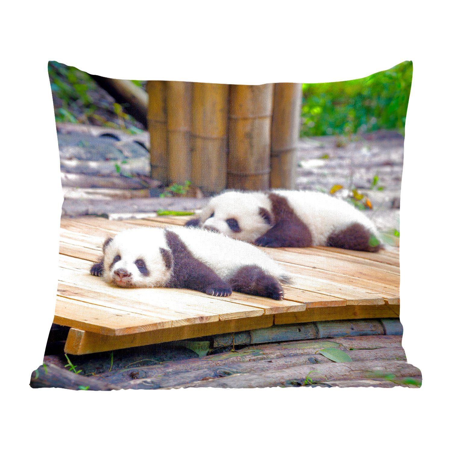 MuchoWow Dekokissen Pandas - Boden - Holz, Zierkissen mit Füllung für Wohzimmer, Schlafzimmer, Deko, Sofakissen