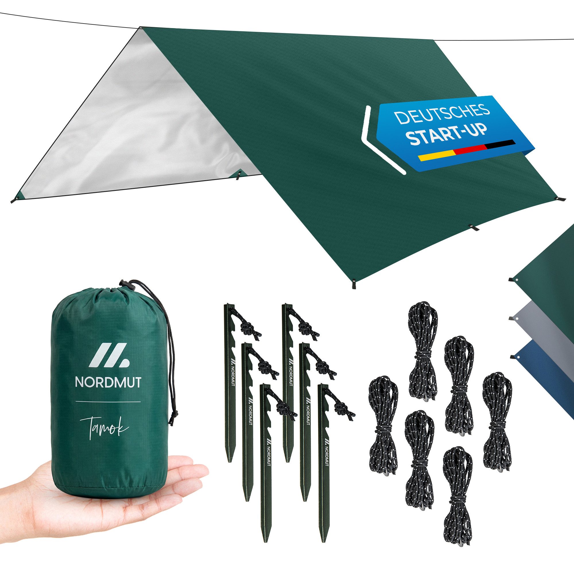 Nordmut Tarp-Zelt Zeltplane wasserdicht ultraleicht, Regendach Sonnensegel Camping, Personen: 2 (Set, 1 tlg., Tarp, 6 Alu-Heringe, 6 Abspannseile, Transporttasche), 210D Ripstop-Polyester, PU 3000, reißfest, Trekking, Bikepacking