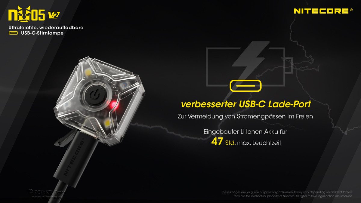 Nitecore LED Stirnlampe NU05 V2 Warnlicht mit integrierter Akku USB-C aufladbar (1-St)
