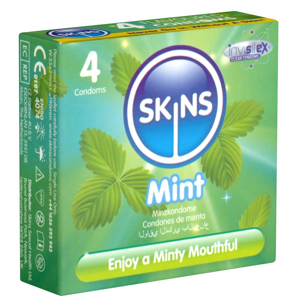 SKINS Condoms Kondome Mint, samtweiche Oberfläche, fühlt sich an wie "echt", Packung mit, 4 St., Kondome mit frischem Minzaroma, durchsichtiges Latex (kristallklar), kein Latexgeruch