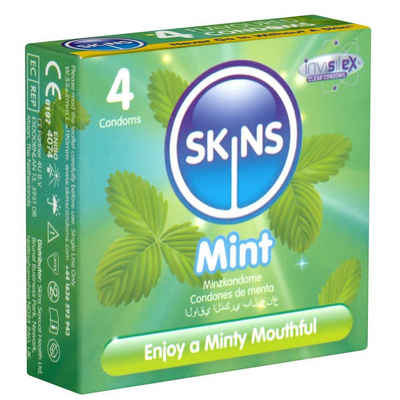 SKINS Condoms Kondome Mint, samtweiche Oberfläche, fühlt sich an wie "echt", Packung mit, 4 St., Kondome mit frischem Minzaroma, durchsichtiges Latex (kristallklar), kein Latexgeruch