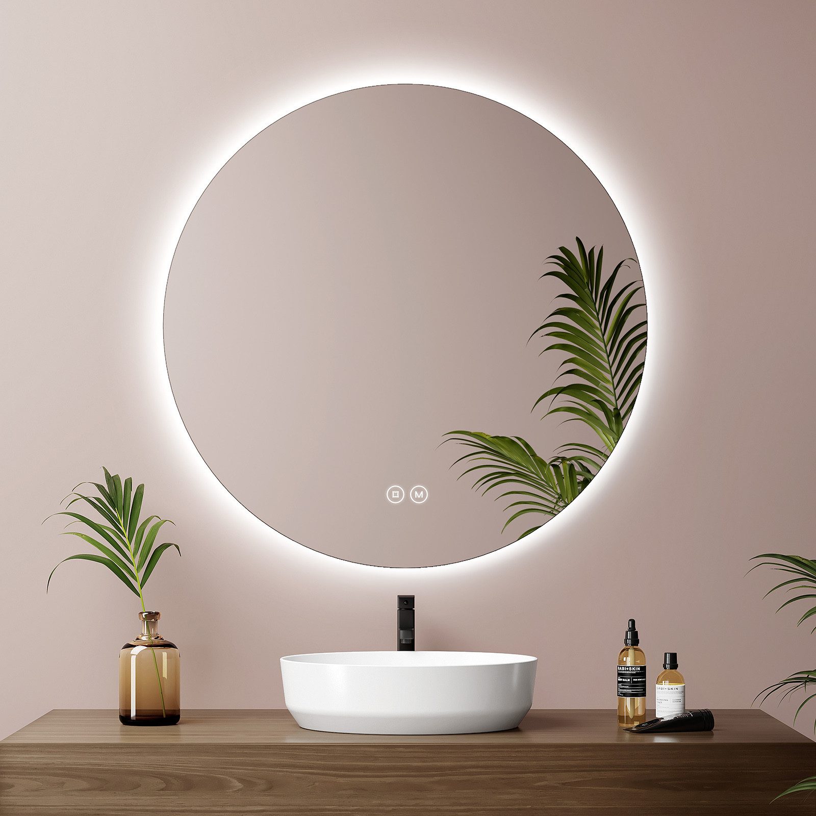 EMKE LED-Lichtspiegel Badspiegel rund, rahmenlos, Touch-Steuerung, dimmbar, Memory-Funktion (50–80 cm, Touchschalter), 3 Lichtfarben, indirekte Beleuchtung, IP44, Ø 60 cm