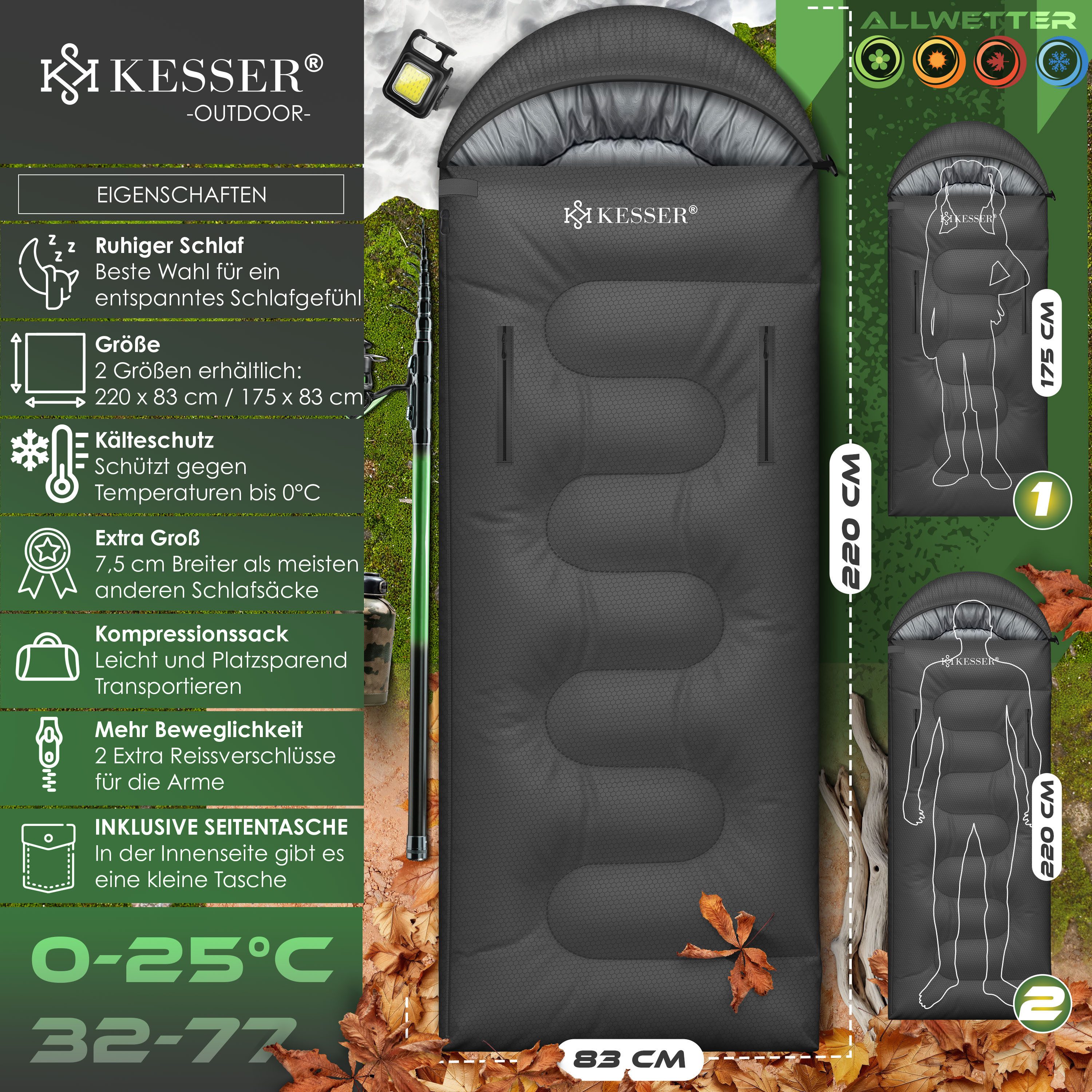 KESSER Deckenschlafsack Camping Schlafsack Outdoor 220x83cm 4 Jahreszeiten (Campingschlafsack inklusive Campinglampe & Seitentasche), für Erwachsene & Kinder Leicht Tragbar Warm & Wasserabweisend