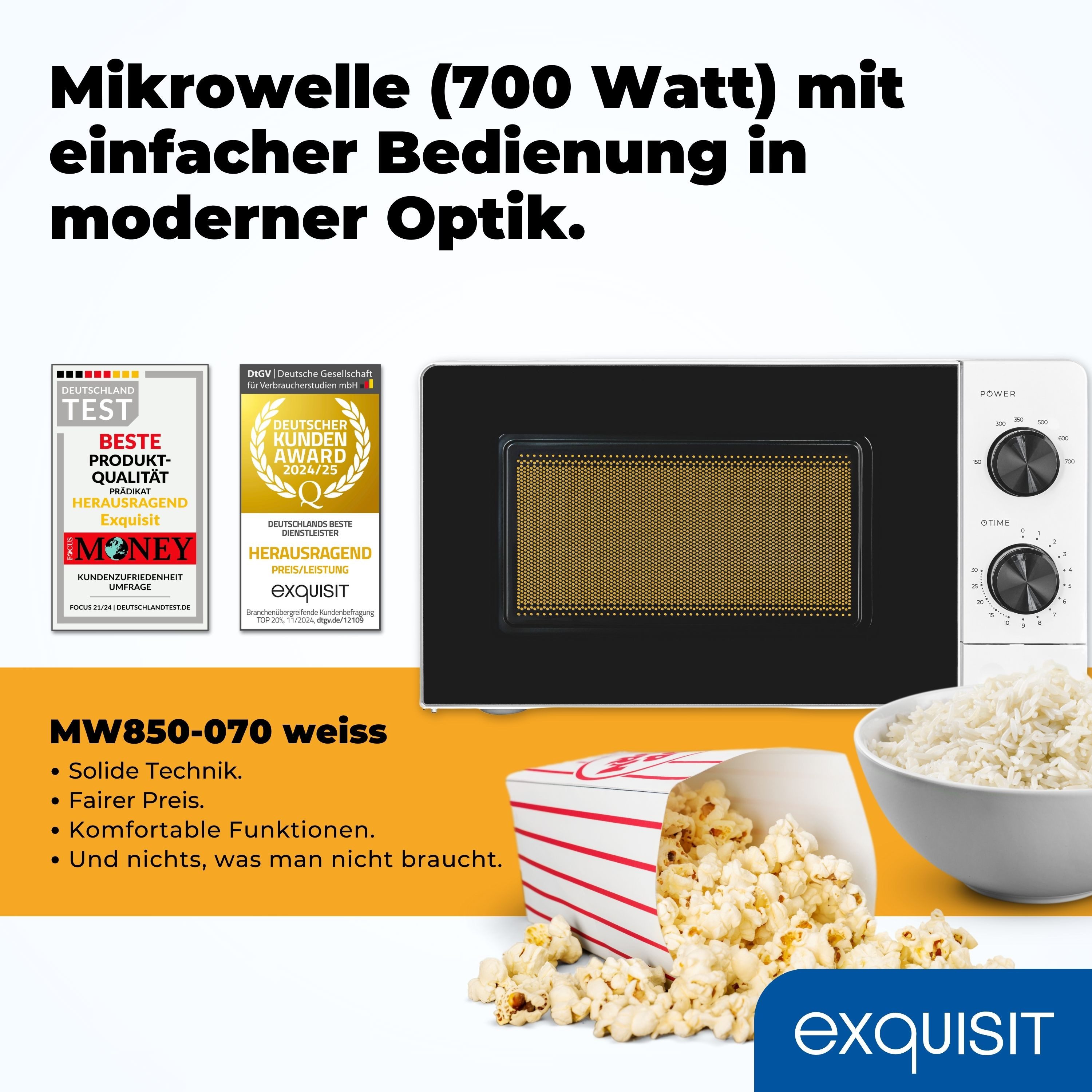 exquisit Mikrowelle MW850‐070, Mikrowelle, 20,00 l, 700 Watt, Timer, 6 Leistungsstufen, 245 mm Drehteller, moderne Optik