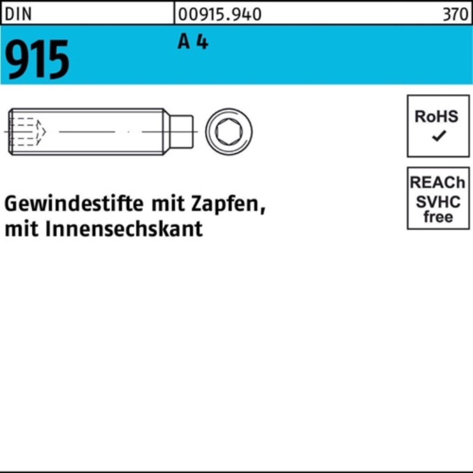 100er Reyher Zapfen/Innen-6kt Stück 4 915 Gewindebolzen Gewindestift A 40 10 M16x DIN Pack