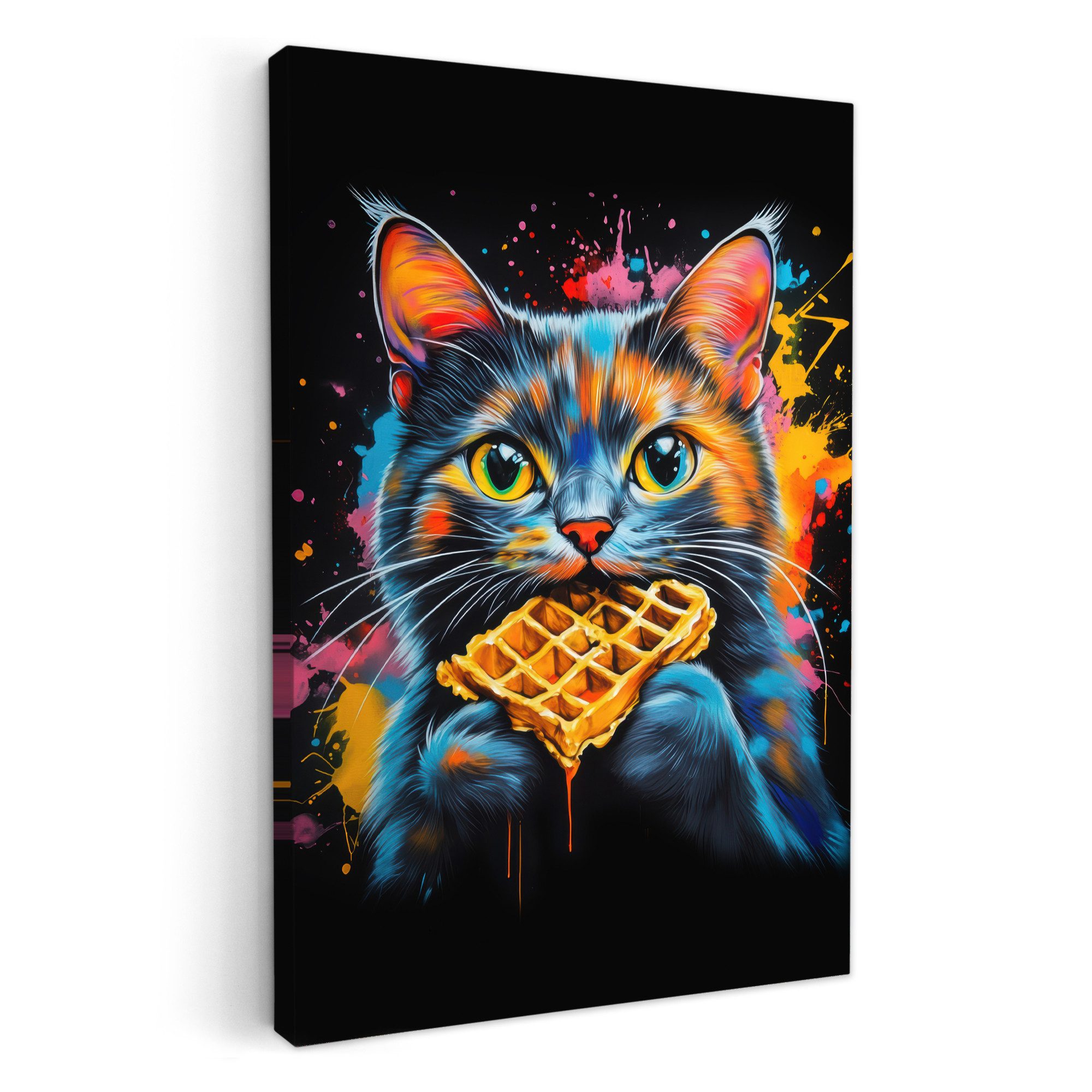 OneMillionCanvasses® Leinwandbild Katze - Graffiti - Bunt - Waffel - Essen, günstig online kaufen