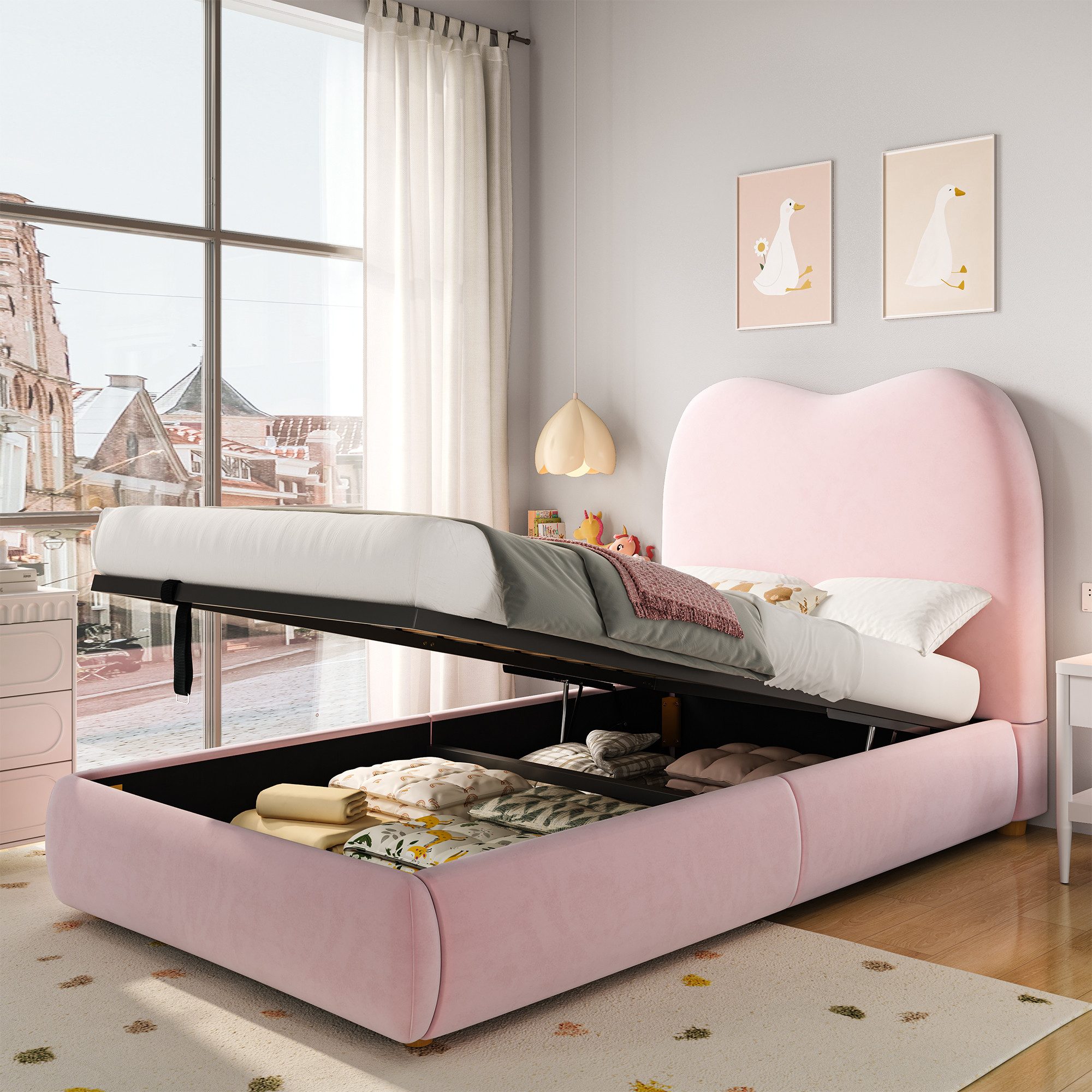 Odikalo Polsterbett Kinderbett 90x200 mit Bettkasten beige rosa (Polsterbett, Einzelbett, Kinderbett 90 x 200cm, hydraulisches Funktionsbett, Bett mit Lattenrost, Kopfteil und großem Stauraum, gepolstertes Kopfteil, boucl)