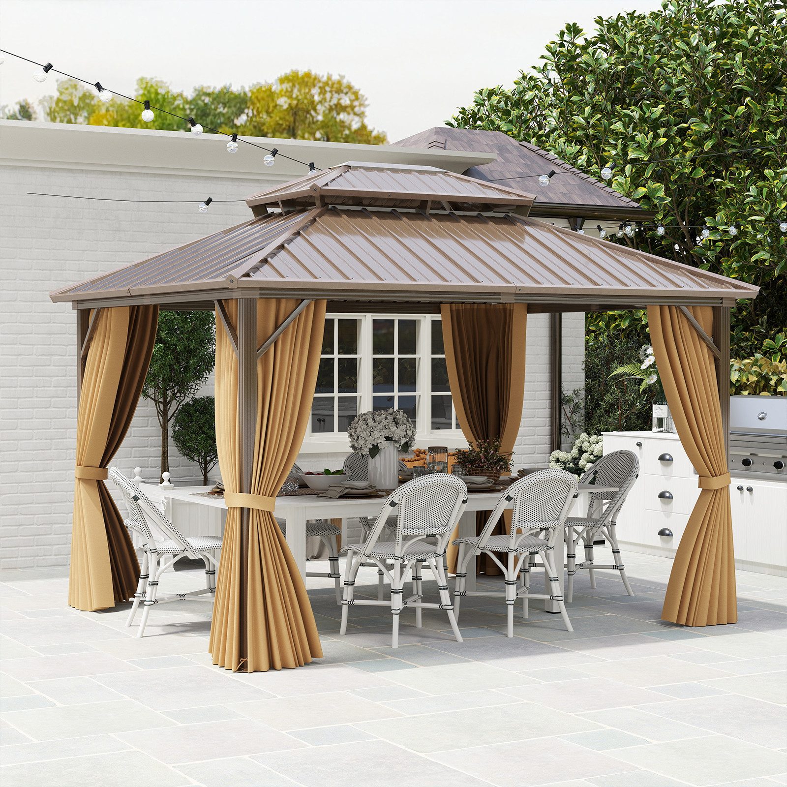 COSTWAY Pavillon, 354x294cm Zeltpavillon mit Netz & Vorhang, Partyzelt