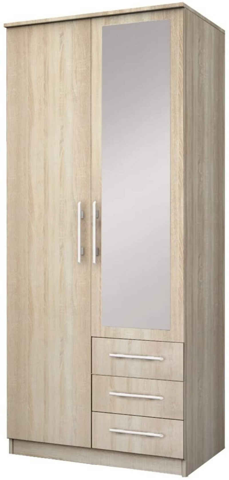 MOEBLO Drehtürenschrank RUTH 2D (mit Spiegel und Schubladen, Kleiderschrank 2-türig Schrank Garderobe Schlafzimmer) (BxHxT):100x210x64cm