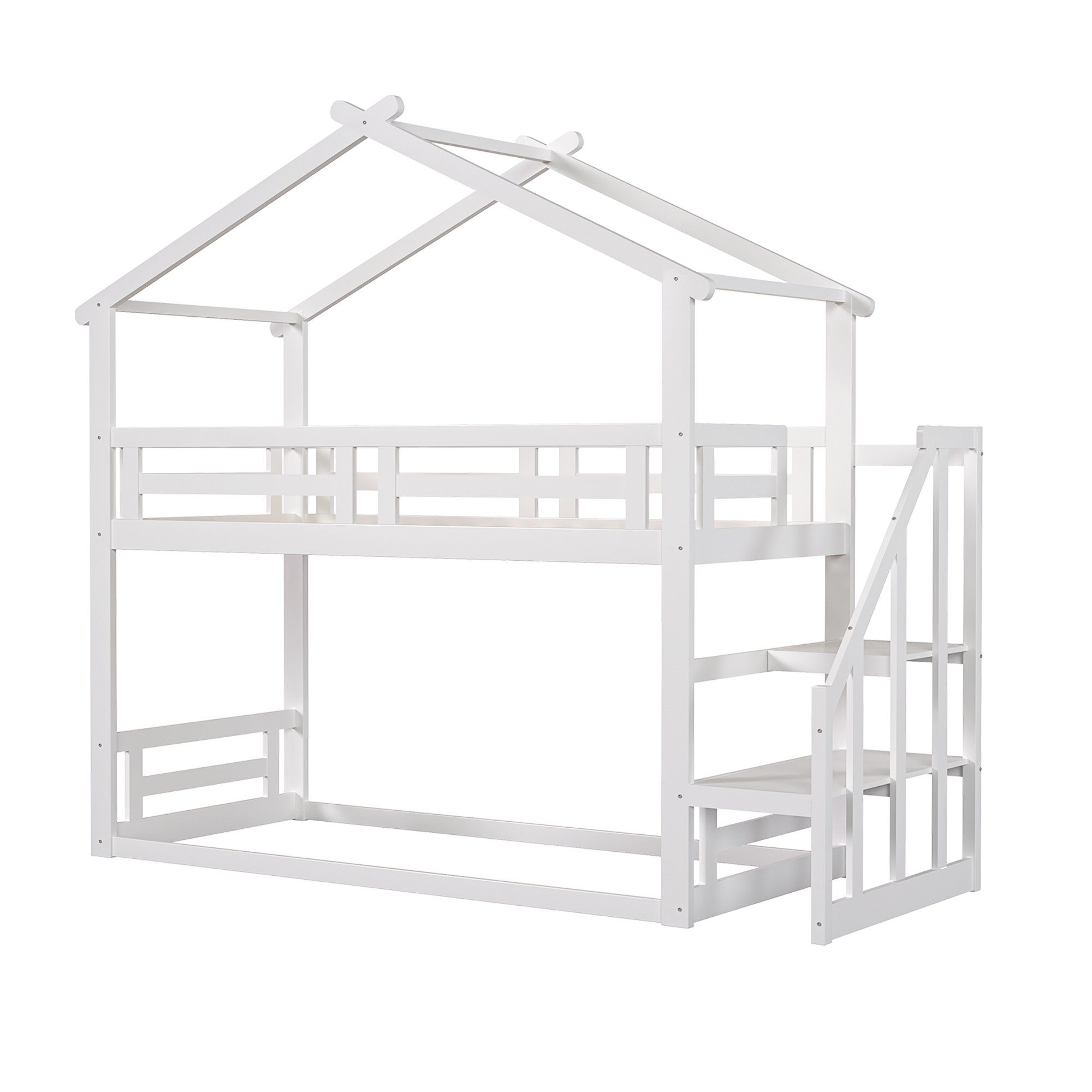 WISHDOR Etagenbett Kinderbett mit 90*200cm, Sicherheitstreppe, ohne Etagenbett Massivholz Niedriges weiß Etagenbettgestell aus Lattenrost), (mit Matratze