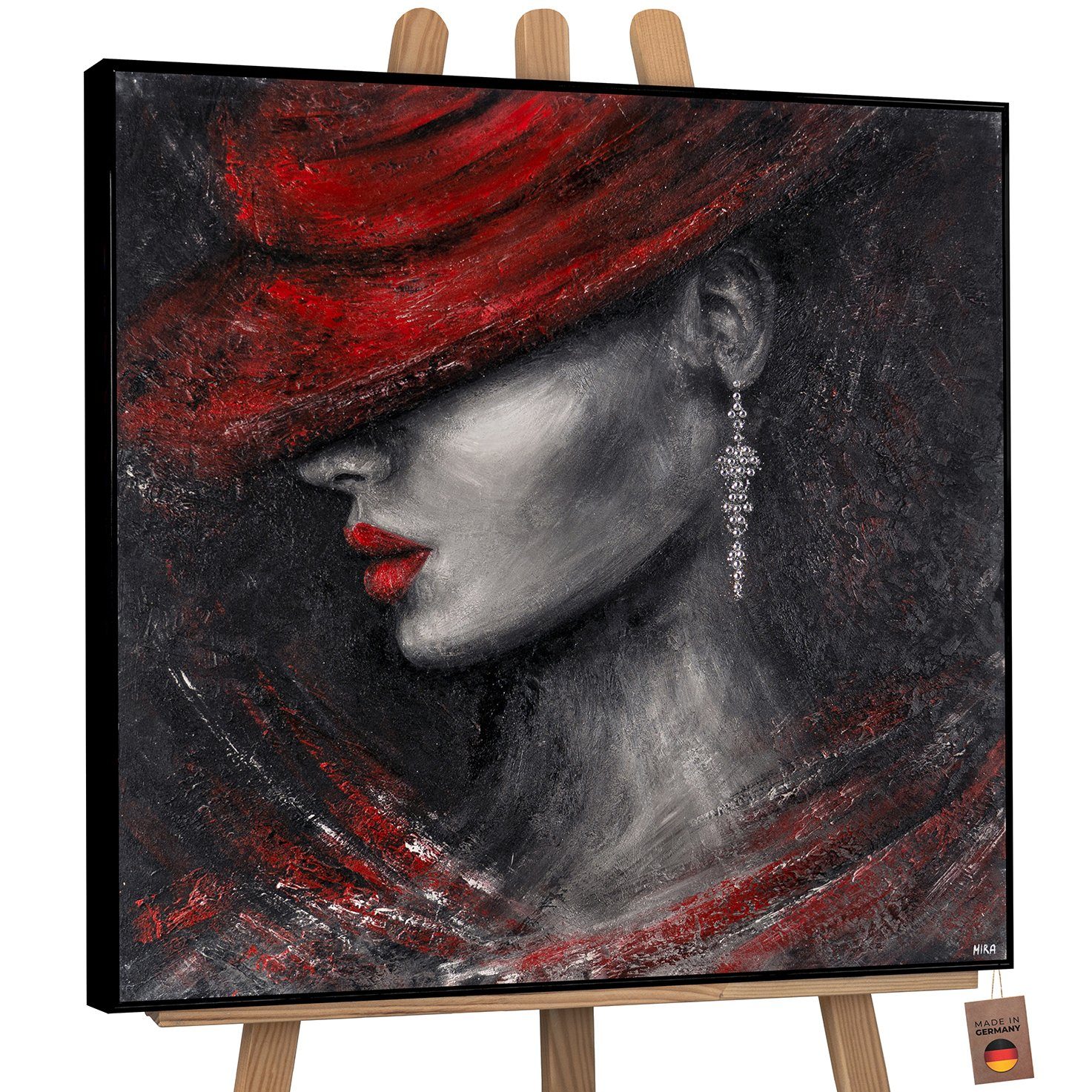 YS-Art Gemälde Stil, Menschen, Leinwand Bild Handgemalt Hübsche Frau Rote Lippen Mit Rahmen in Schwarz