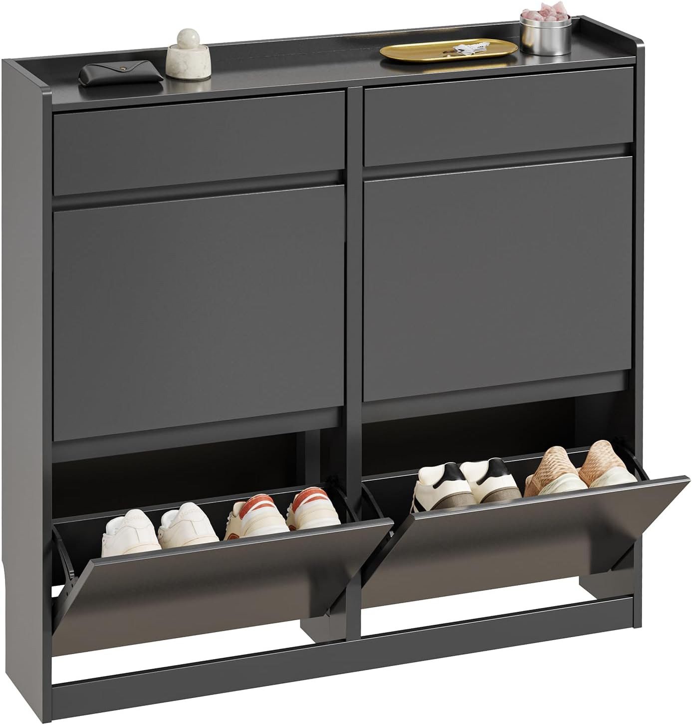 SoBuy Schuhschrank FSR169, Schuhablage, Schuhkipper schmal, Schuhregal, Schuhkommode mit 4 Klappen, 2 Schubladen, perfekt für schmale Flure, für 8-12 Paar