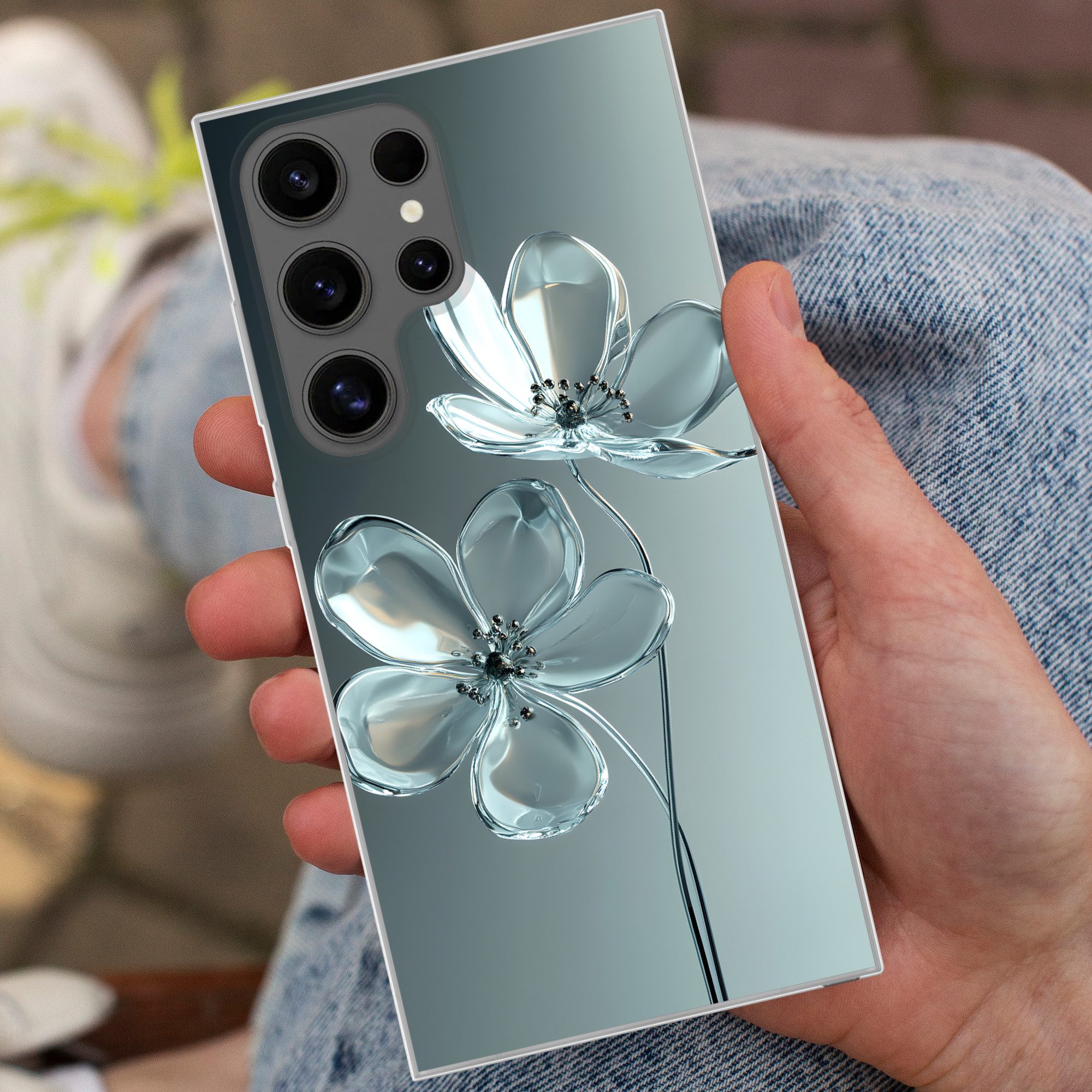 MuchoWow Handyhülle für Samsung Galaxy S24 Ultra Kristall - Blumen - Grau, Phone Case, Silikon, Schutzhülle Dünn