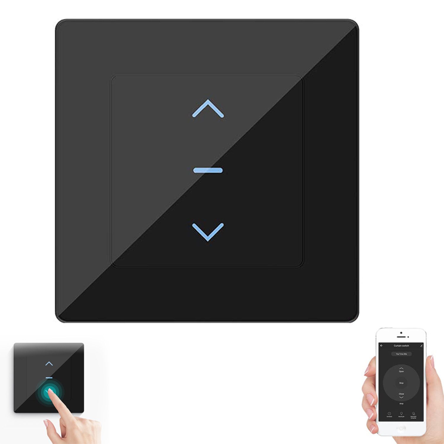 OKWISH Переключатель WLAN Rollladenschalter Smart Home Touch Panel (Jalousienschalter Vorhangschalter Kabelloser WLAN-Bereich 30 m (innen), 1-St., 2,4GHz WLAN mit Zeitplan Funktion Überlastschutz Touch-Bedienung), kompatibel mit Einzelrahmen und Mehrfachrahmen