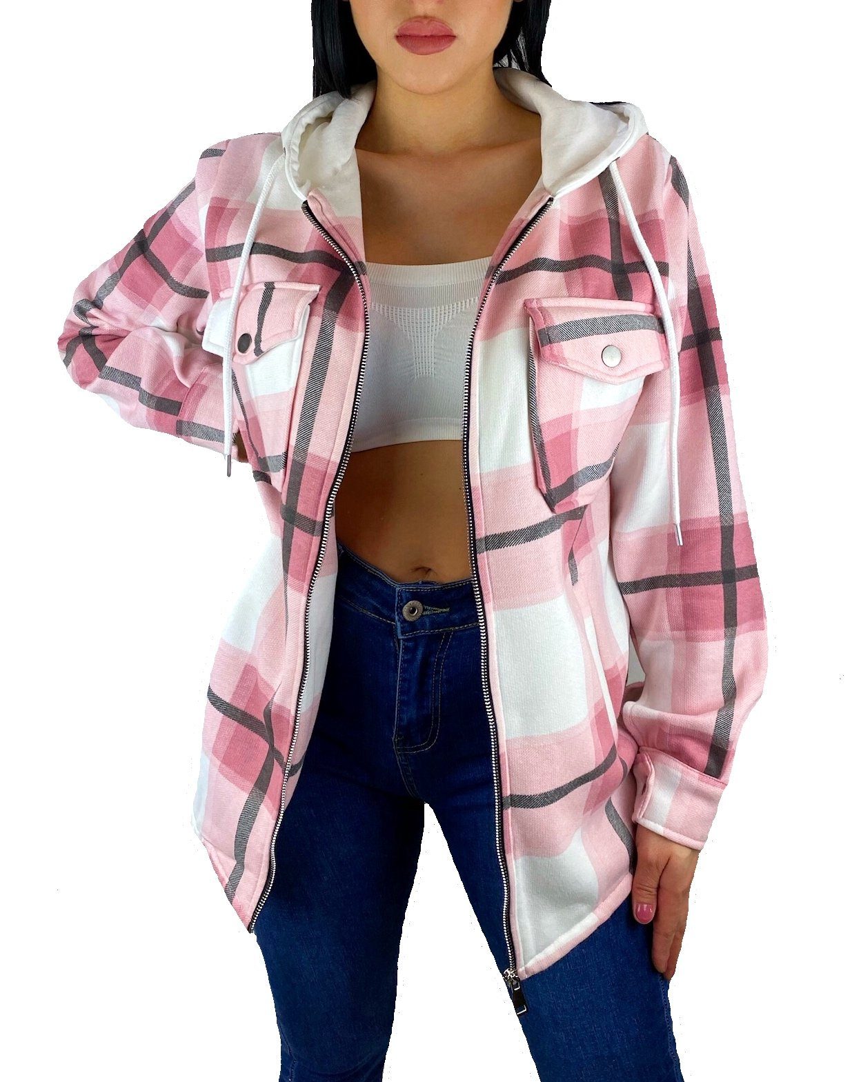 Worldclassca Flanellhemd Worldclassca DAMEN HEMDJACKE KARIERT MIT KAPUZE OVERSIZED HOLZFÄLLERHEMD HOODIE KAROHEMD BLOGGER XS-XL (1-tlg) Rosa