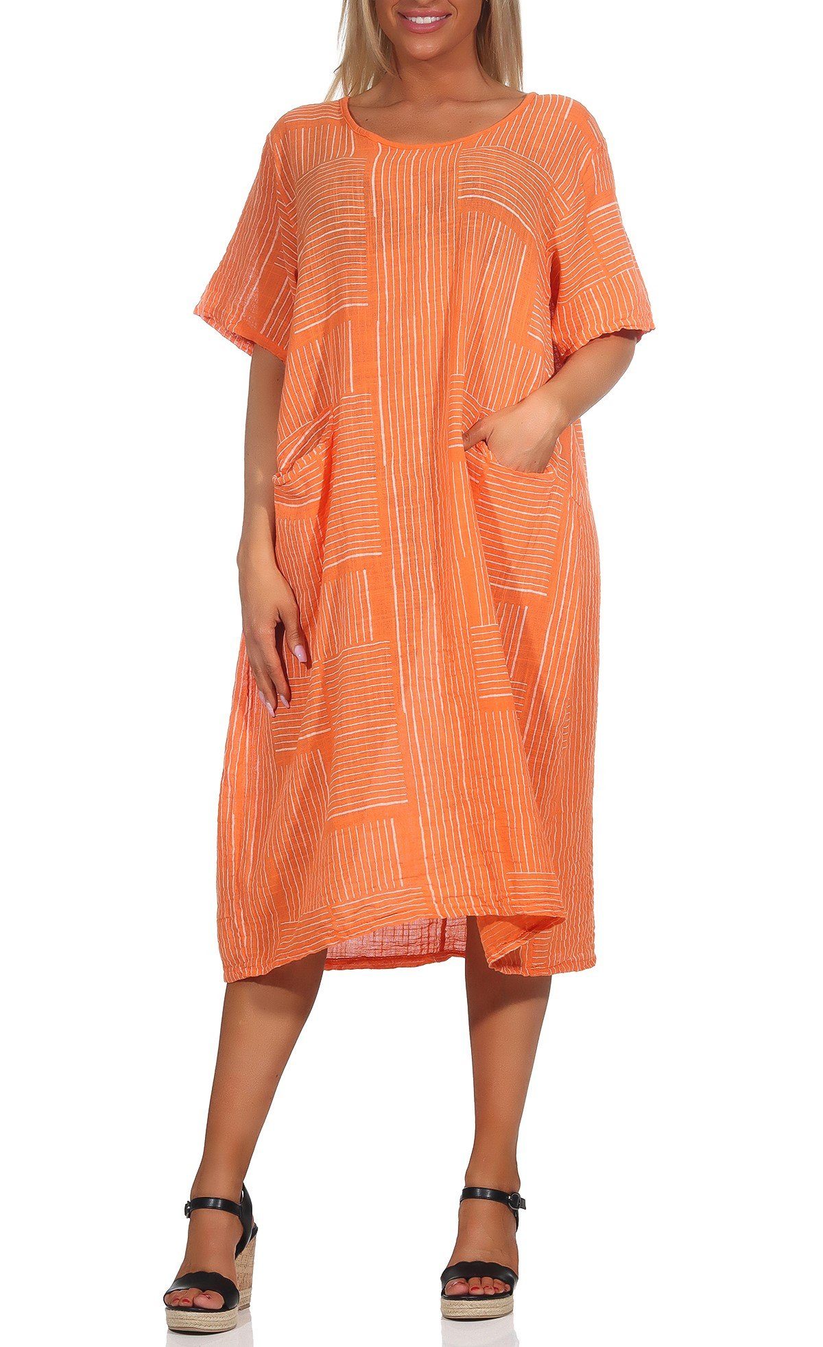 Mississhop Sommerkleid Baumwollkleid 100 % Baumwolle Casual Shirtkleid Strandkleid M.377 Orange