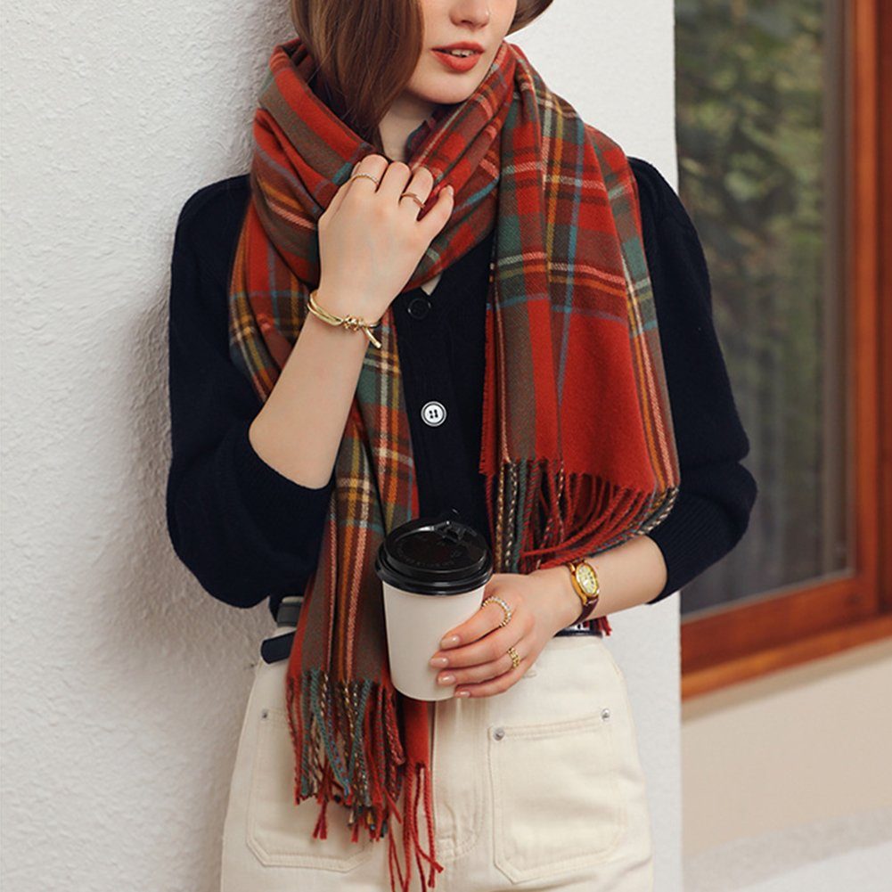 ManKle Modeschal Damen Schal Wolle mit Karo und Winter dicke Deckenschal 65 x 180 cm Rot | Modeschals