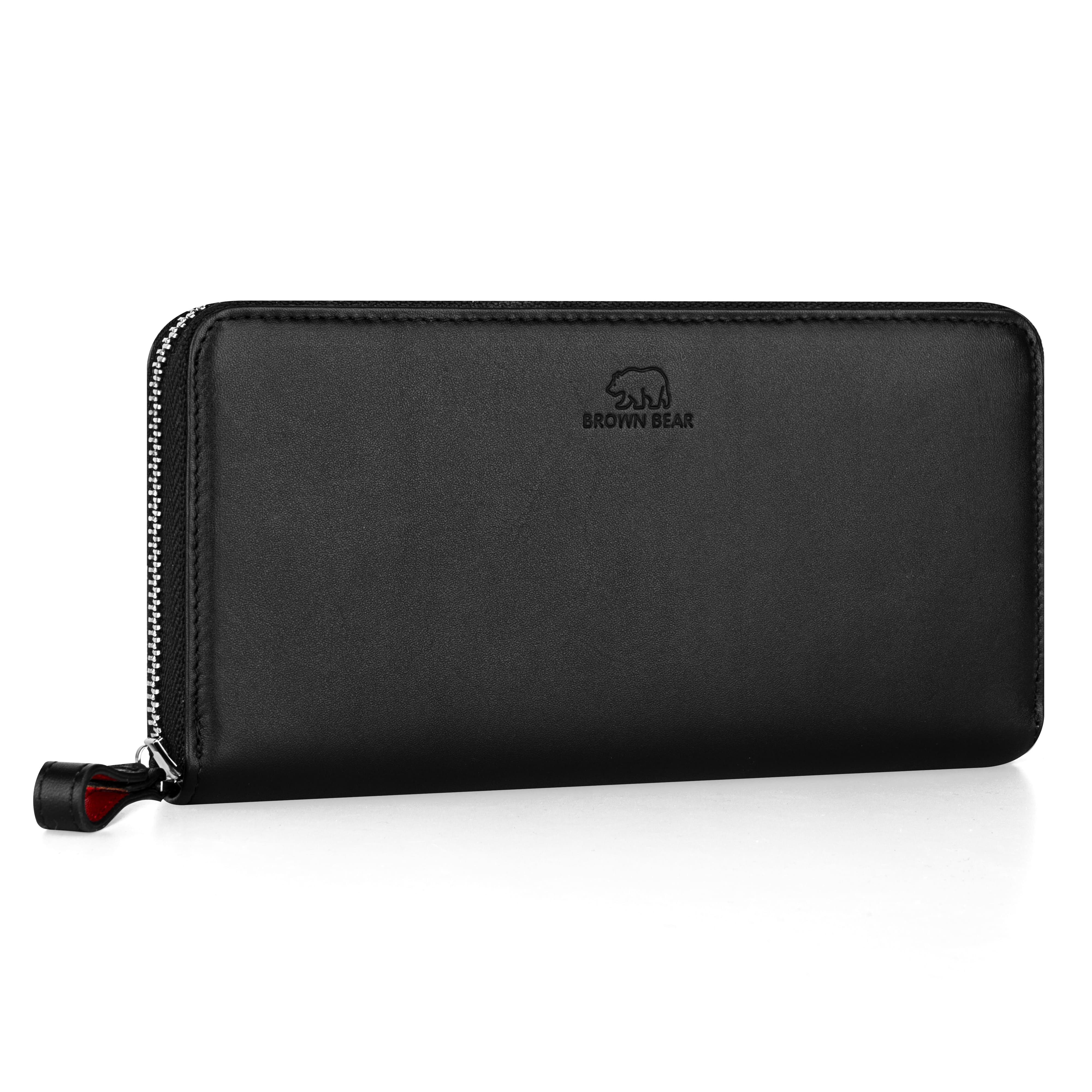 Brown Bear Geldbörse Conny aus Echtleder mit umlaufendem Reißverschluss, mit RFID-Schutz und 13 Kartenfächern Farbe Schwarz Nappa