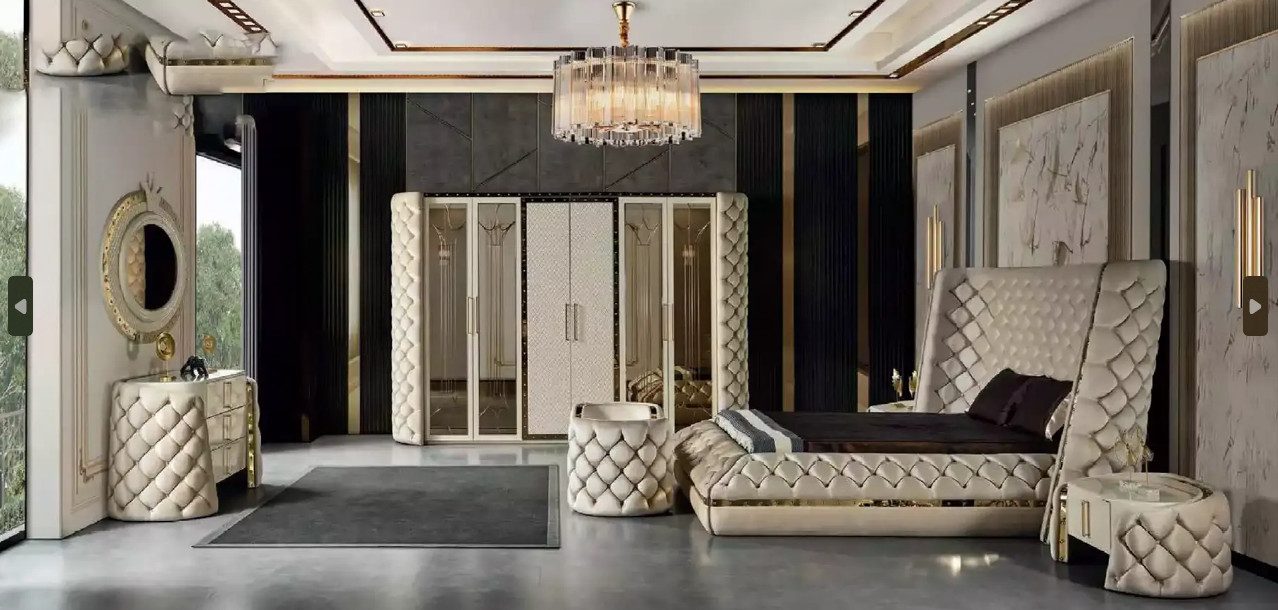 Xlmoebel Komplettschlafzimmer Chesterfield Schlafzimmermöbel in elegantem Design mit Spiegel, (7-tlg., Bett/Kleiderschrank/2x Nachttische/Schminktisch/Spiegel/Hocker), Hergestellt in Europa