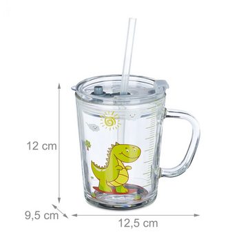 relaxdays Kinderbecher 4 x Trinkglas Kinder Dino, Glas