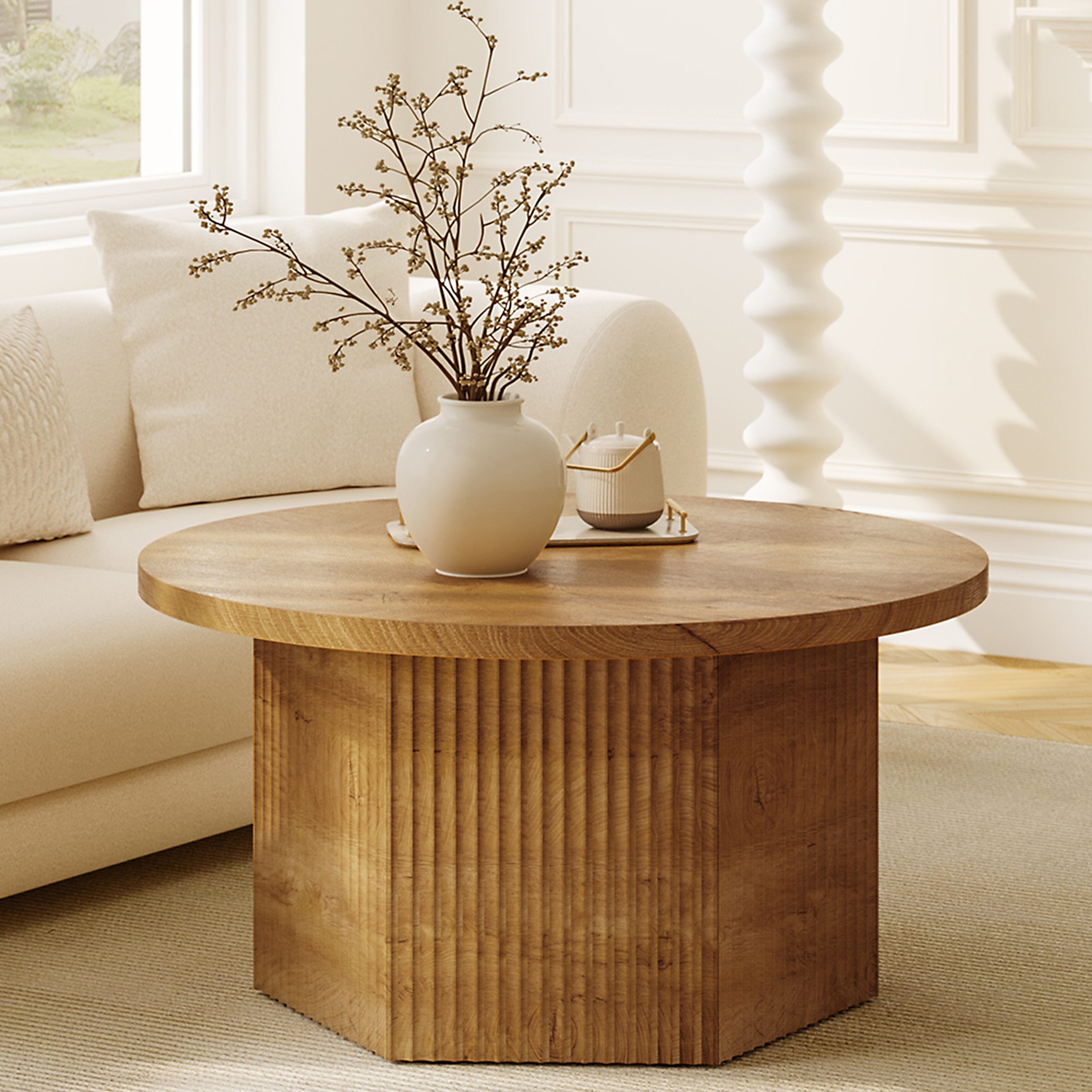 FABATO Couchtisch rund Ø 80 cm mit Liftfunktion, höhenverstellbar 50–61 cm (1-St), versteckter Stauraum und Trommelsockel in 3D-Rillenoptik, Natur